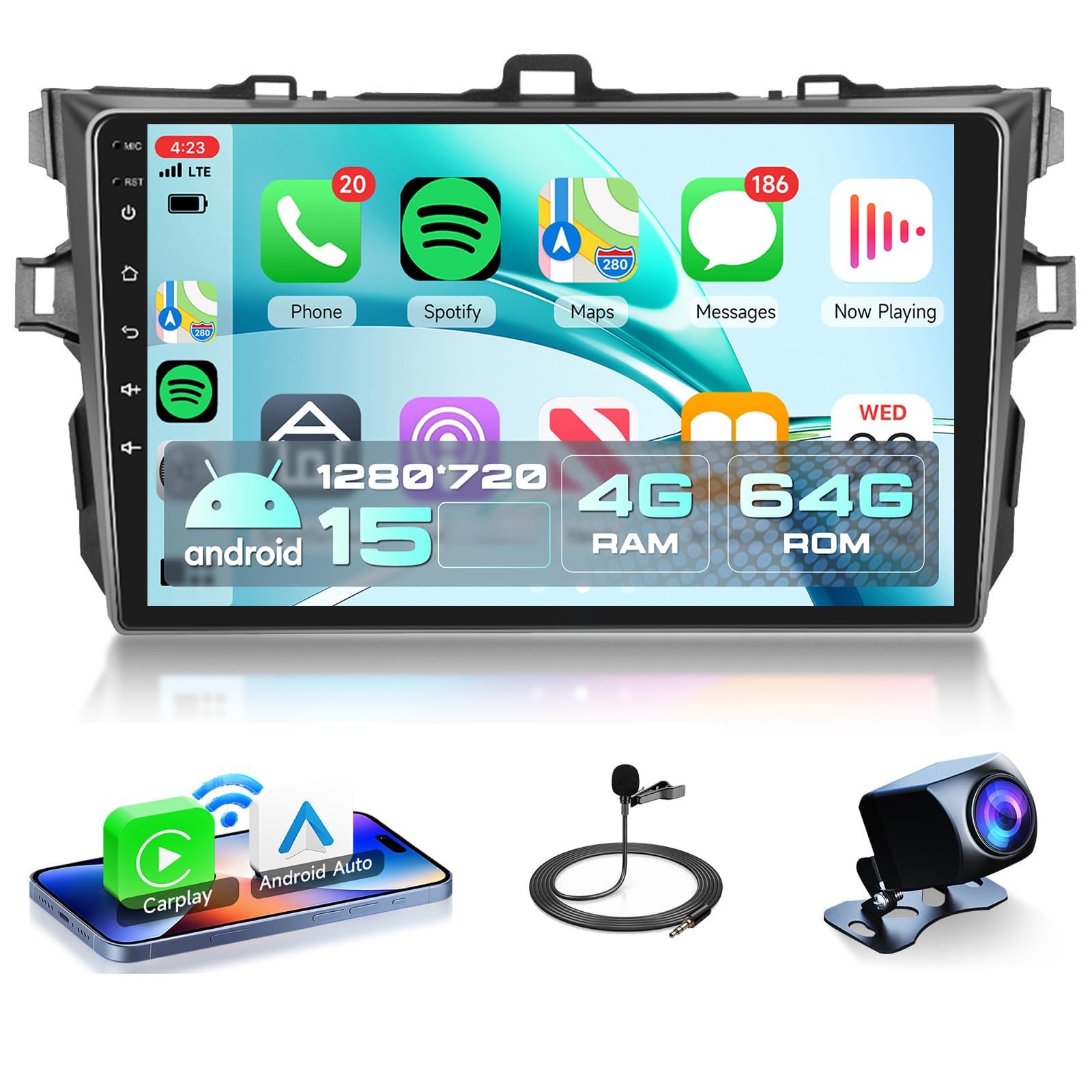 4Core 4G+64G Android 15 Car Stereo Radio for Toyota Corolla 2009-2013, Rimoody Wireless Carplay Android auto 9 Inch Touchscreen GPS 5G-WiFi Bluetooth