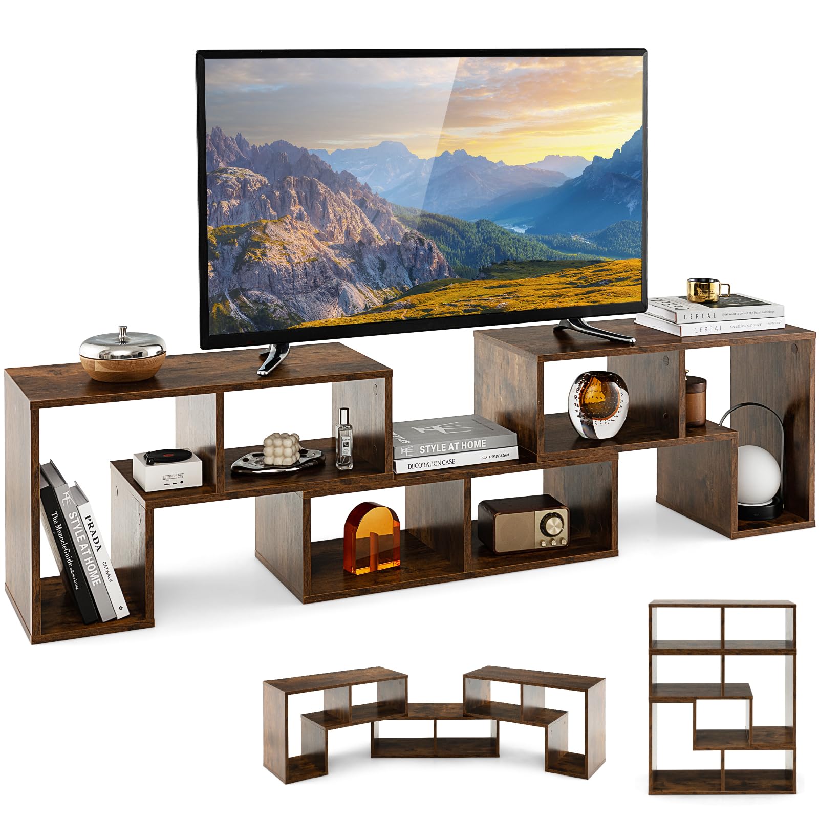 COSTWAY TV Stand for TVs up to 65 Inches, Free Combination Adjustable TV Cabinet Media Entertainment Center Storage Shelf, Modern Wooden TV Unit Console Table for Living Room Bedroom (Rustic Brown)