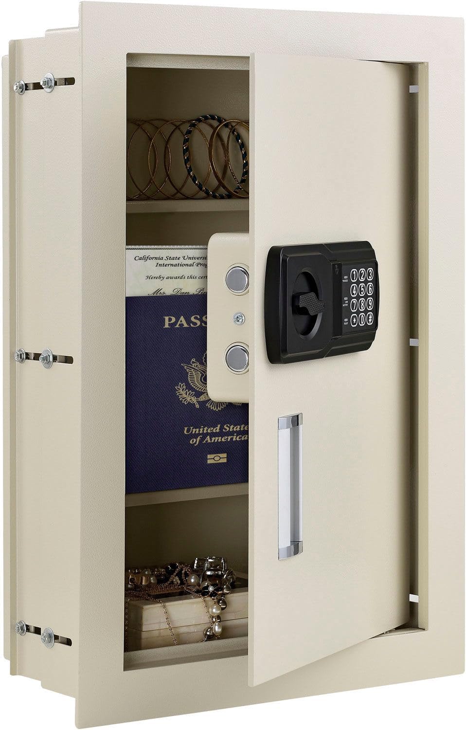 Global Industrial Residential Safe With Expandable Depth, Wall Safe with Electronic Keypad Lock, 0.3 to 0.7 Cubic Feet Capacity, 15"W x 3-1/4"-6"D x 22-1/8"H