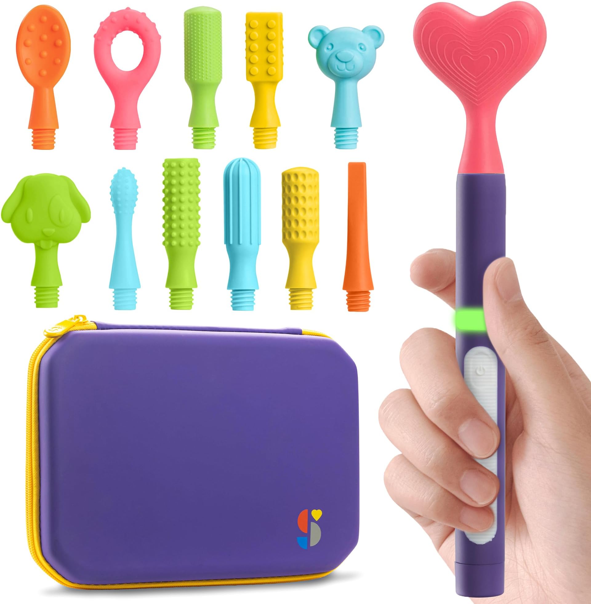 Buzz Buddy Oral Motor Stimulation kit with 12 Soft Textured Interchangeable Heads, Calm Sensory Needs, Support Speech, and Stimulate Self Feeding, Gentle Vibrations