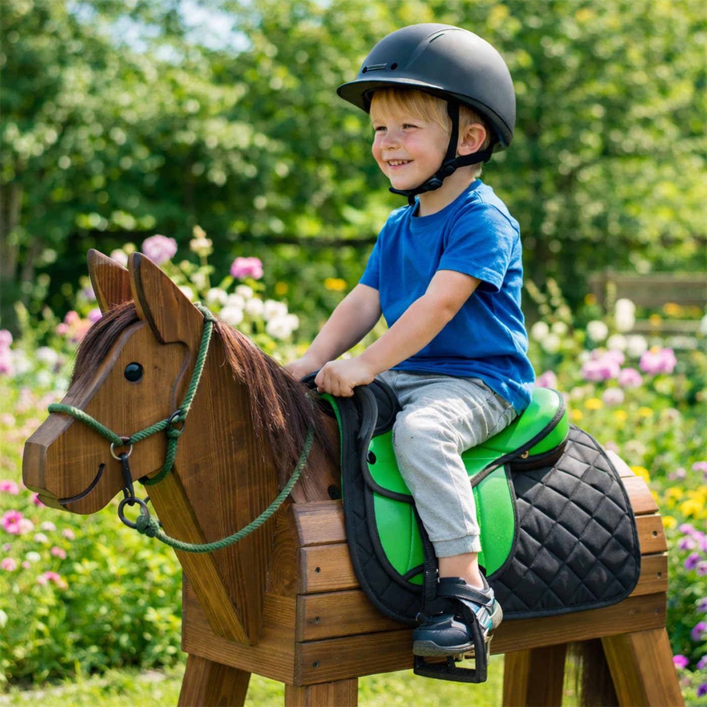 Brama West Set di sella per cavalli in legno per bambini "My Happy Pony" | Sella per Shetty Pony cavallo in legno | con copertura per sella, cinghia per sella, staffe e staffe (verde sella)