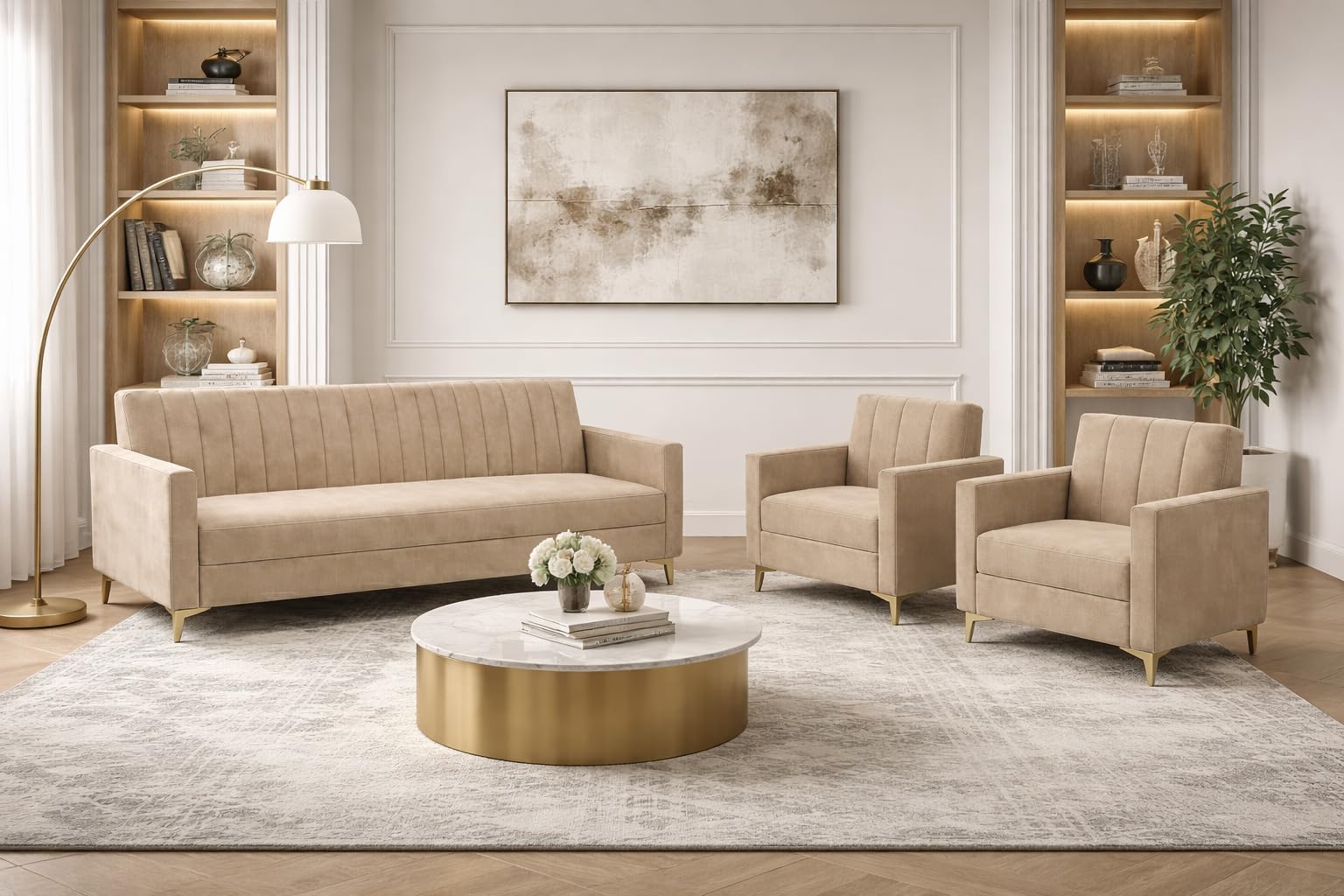 TORICO Marvello 3+1+1 Fabric Sofa Set for Living Room | Soft Velvet Upholstery, Sturdy Wooden Frame | Stylish Sofa for Hall & Office Spaces (Beige)