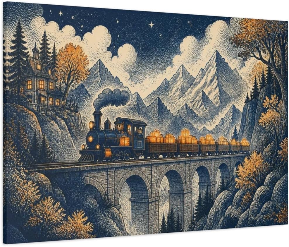 Mountain Night Train Canvas Print – Living Room, Above Fireplace 48×32 inch (120×80 cm) - Horizontal / 1.25 inch (3 cm)