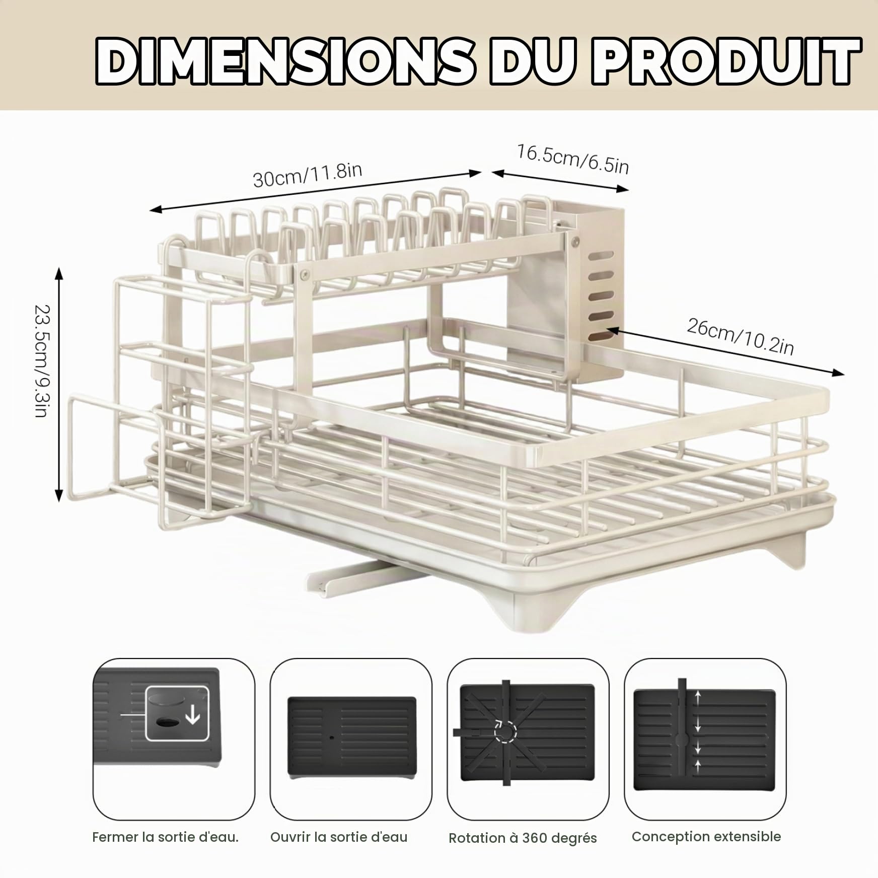 Égouttoir à Vaisselle à 2 Niveaux, Grand égouttoir Vaisselle en Acier au Carbone Blanc avec Porte-ustensiles, de Cuisine Multifonction Amovible pour Bol, Tasse, Couteaux, Planche, pour