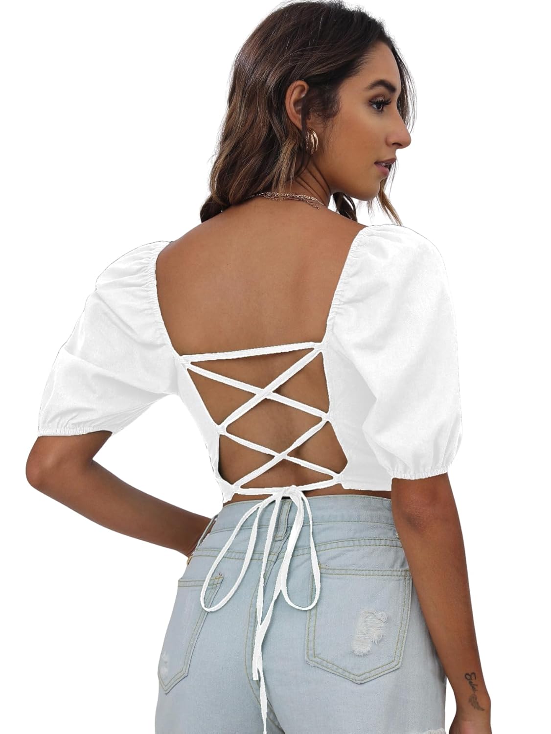 Aahwan Women Polyester Slim Fit Solid Lace Up Backless Puff Sleeve Top