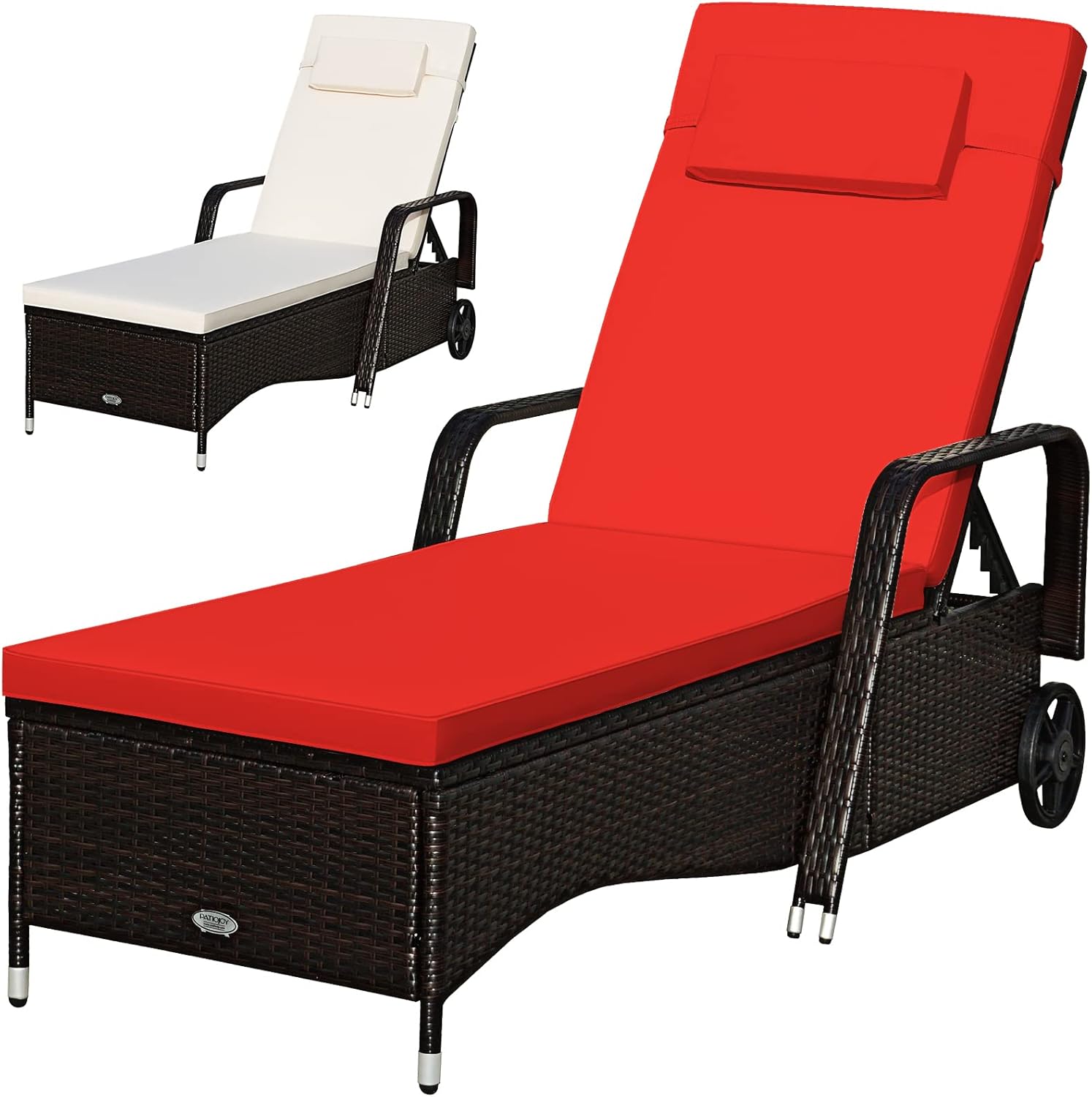 Tangkula Patio Wicker Chaise Lounge Chair with Wheels