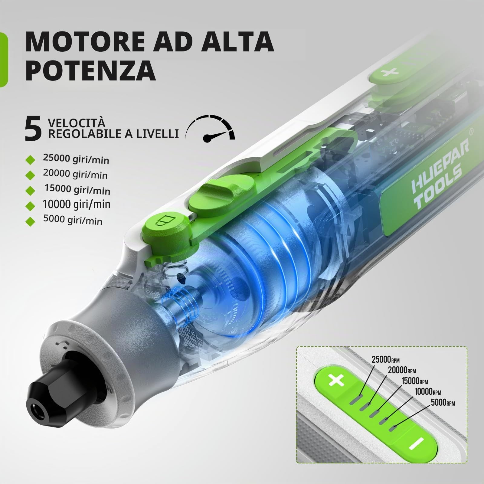Huepar Tool Mini Trapano 4V MAX Utensile Multifunzione a batteria 51 Accessori Strumenti Rotativi 5 Marce 5000-25000 giri/min