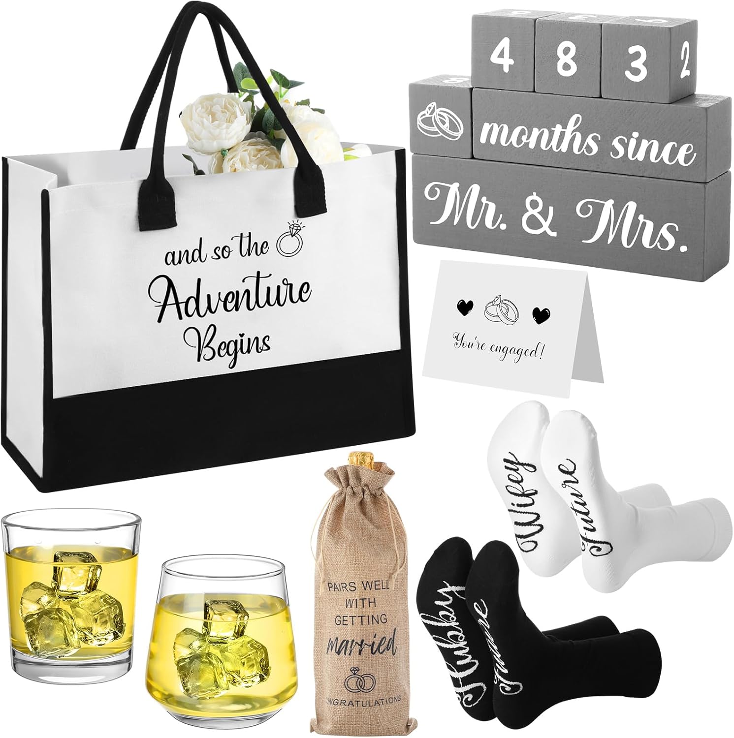 Funnymoom 8 pcs Engagement Gifts for Couples Include Tote Bag Future Hubby Wifey Socks Wine Glasses Cups Burlap Wine Bag Wedding Countdown Block Calendar Greeting Card Gifts for Newly Engaged Couples