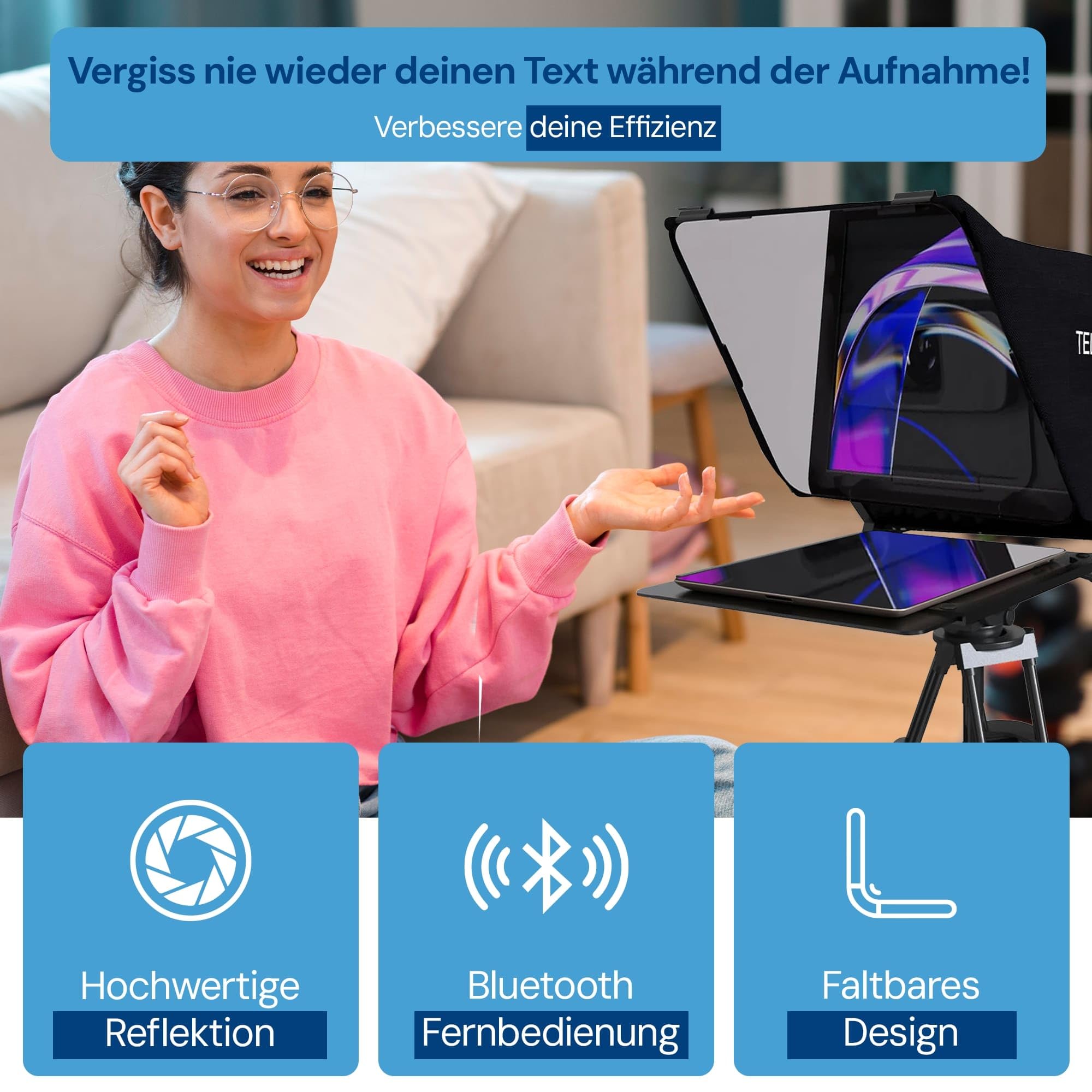 Teleprompter Kompatibel mit iPad, Tablet, Smartphone und DSLR Kamera, Steuerung per Fernbedienung oder App Kompatibel mit Android und IOS, Ideal für Videoaufnahmen (Version 5.0)