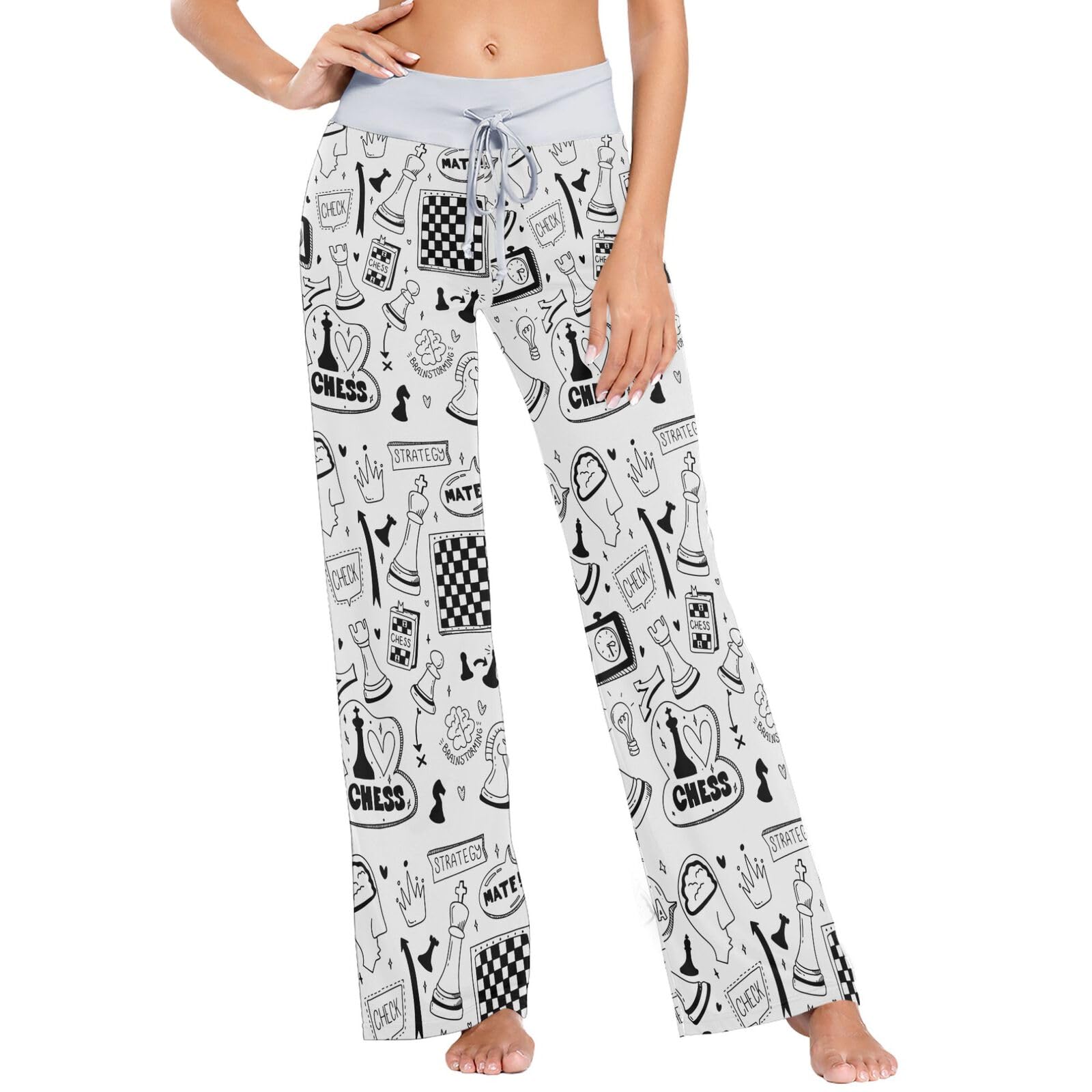 Women's Comfy Lounge Pants, Doodle Set Chess Check and Mate Yoga High-Waist Sleepwear Drawstring Pajamas Bottom