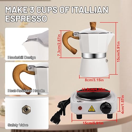 Miniatura 3 de Juego de cafetera de café expreso 2 en 1 con estufa eléctrica, estufa de aluminio de 3 tazas, cafetera percoladora italiana clásica moca cafetera