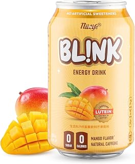 BL!NK Sparkling Energy Drink – Zero Sugar, Zero Calorie – Natural Caffeine + Lutein for Eye Support – Essential Vitamins – Vegan, Gluten-Free – Mango Flavor, 11.16 Fl Oz (1 Pack)