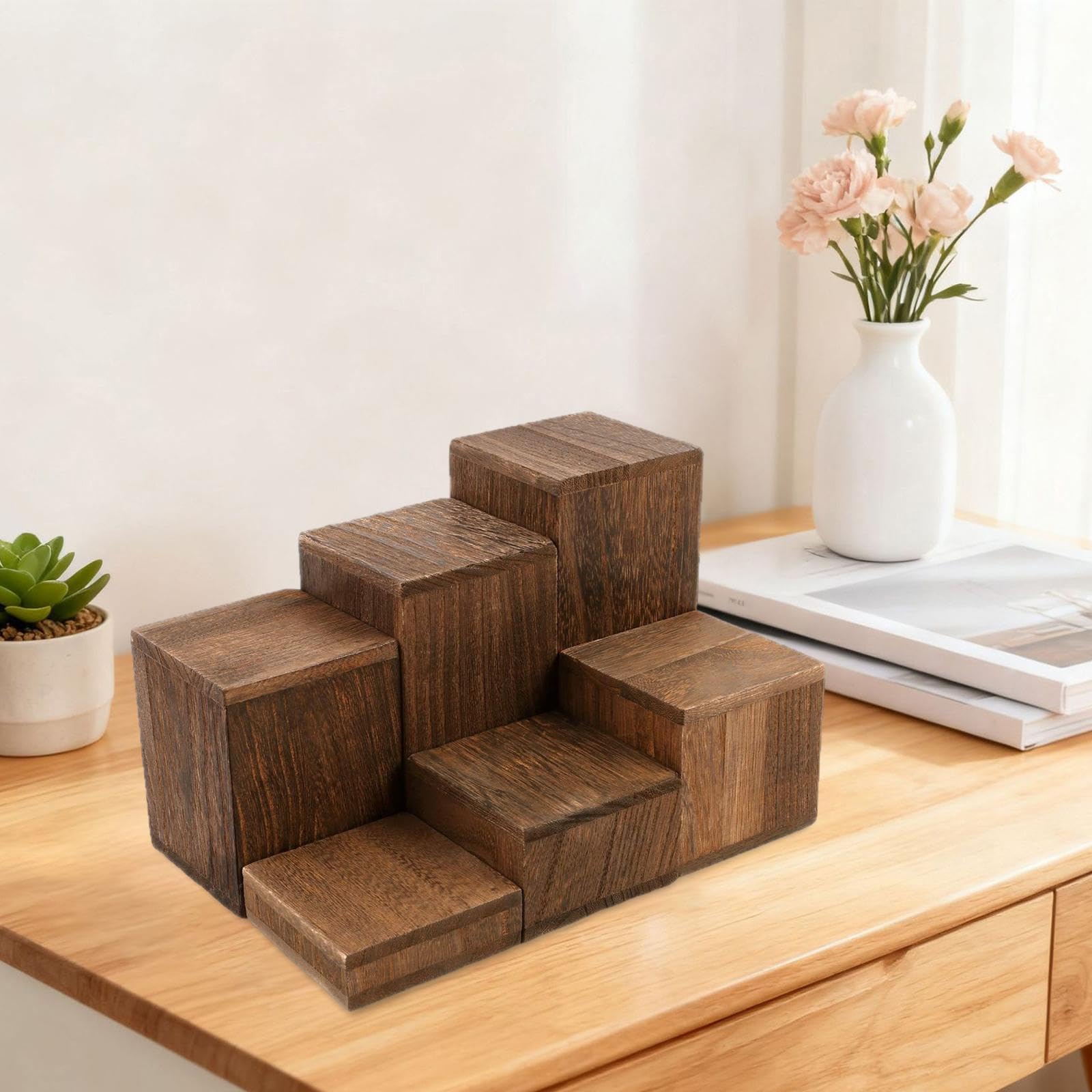 Qianly Lot 6 Présentoirs Cubiques en Bois Massif, Supports Carrés Polyvalents pour Figurines, Bijoux, Cupcakes, Étagères Exposition Étagées pour Comptoir, Vitrine, Maison, Brun