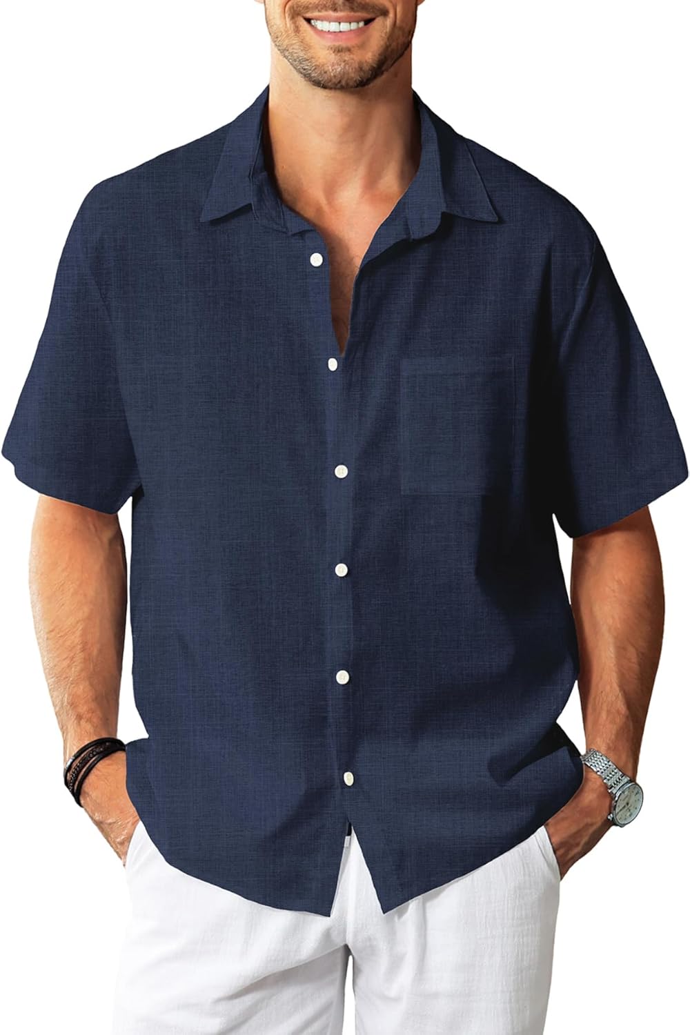 KYKU Linen Shirts for Men: Casual Cotton Mens Short Sleeve Button Down Shirts Beach Wedding Summer Clothes with Pocket