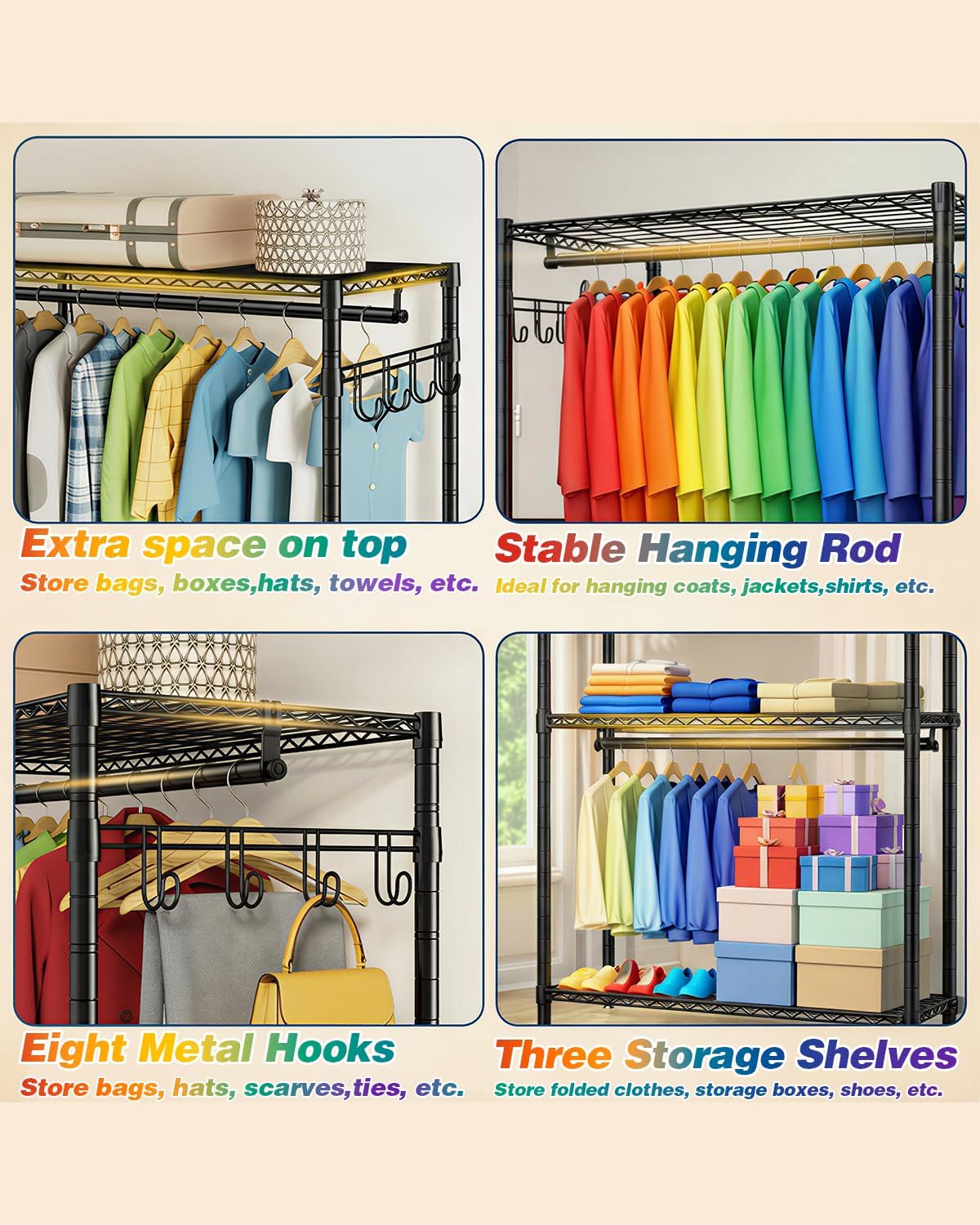 Heavy Duty Clothes Rack, Sturdy Carbon Steel Rolling Garment Rack with Lockable Wheels, Adjustable Shelves & Hooks, Free Standing Clothing Racks for Hanging Clothes, Closet System Max Load 655 LBS