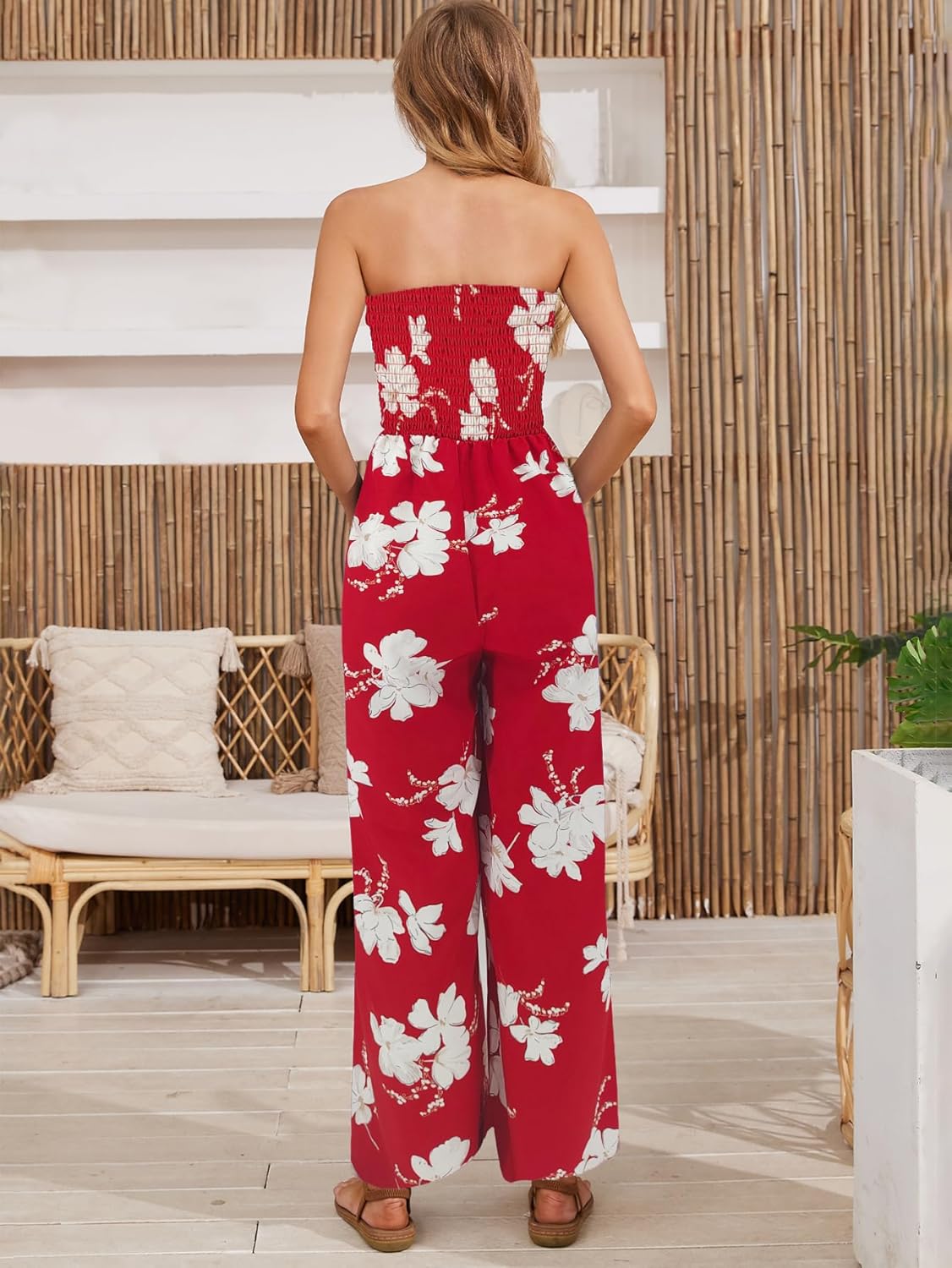 AUXDIO Womens Casual Strapless Summer Jumpsuits Loose Off Shoulder Smocked Sleeveless Wide Leg Romper with Pockets - Image 3