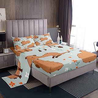 Cute Capybara Sheet Set,Kids Cartoon Flowers Bed Sheets Set,Cartoon Wild Animals Bedding Set for Boys Teens Sheets Soft Room Decor Twin Size(1 Flat Sheet+1 Fitted Sheet+1 Pillowcase)