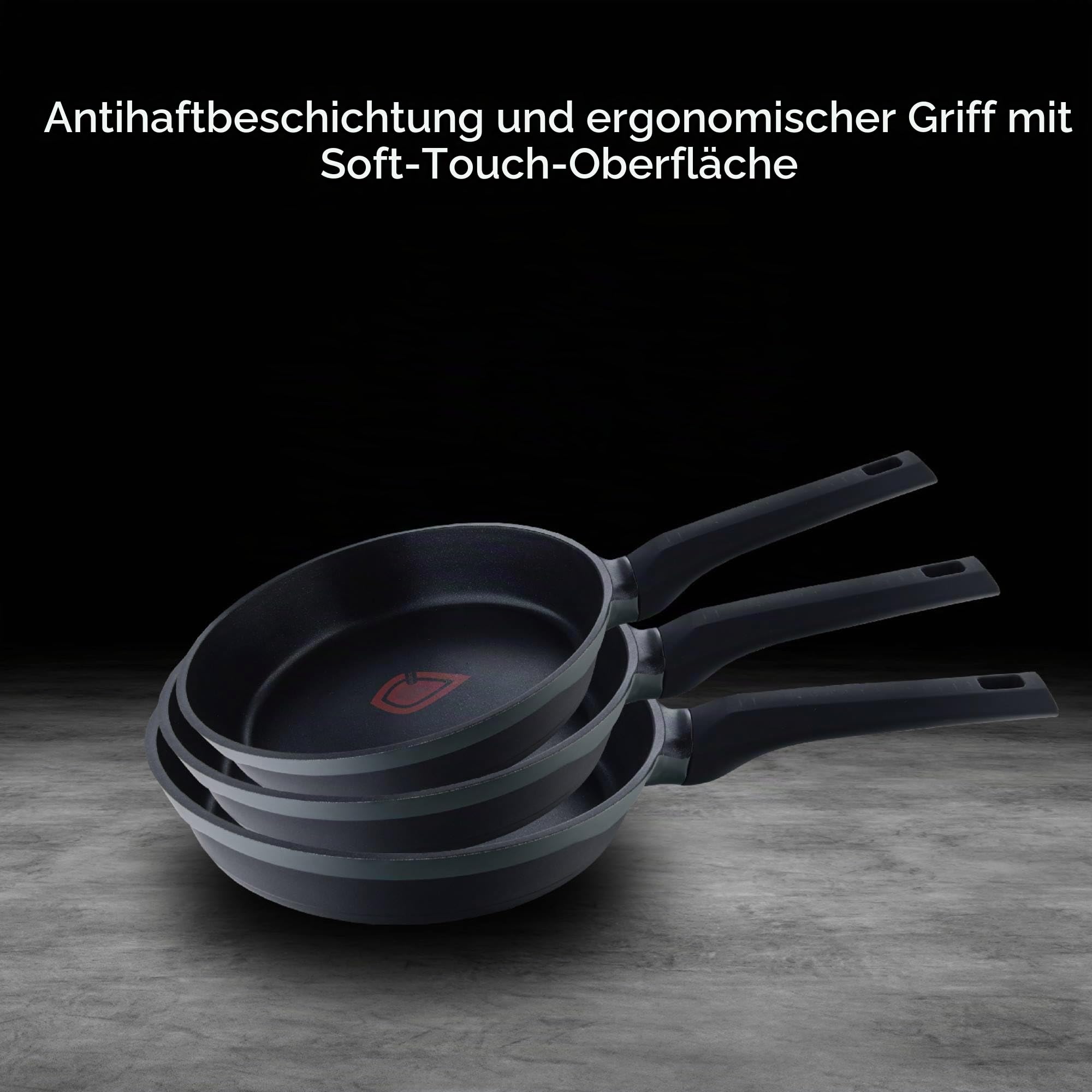 MasterPRO Gastro Reeco | 11-teiliges Set | 20, 24 und 28 cm Bratpfannen, 20, 24 und 28 cm Kochtöpfe und 16 cm Kochtopf mit Deckel | Recyceltes Aluminiumguss | Heatdot | Antihaftbeschichtung, schwarz
