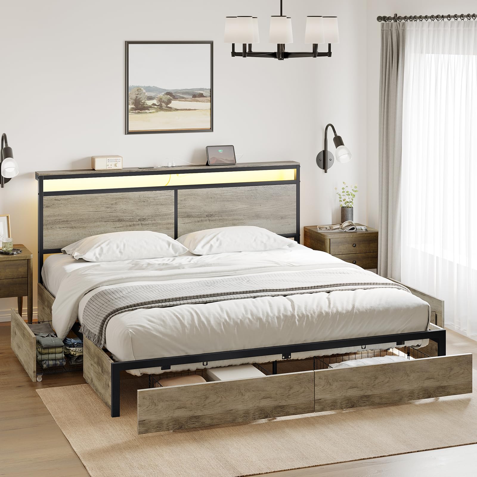 HAUSOURCE King Bed Frame with 4 Storage Drawers Metal Platform Bed Frame King Size with Headboard Charging Station