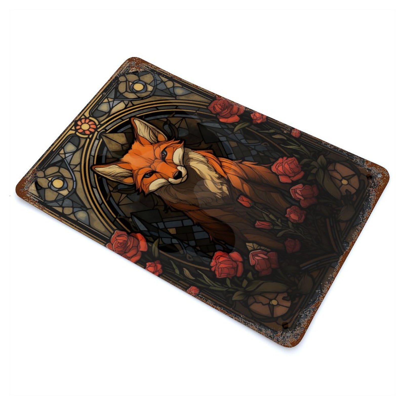 Fox Stained Glass Vintage Wall Sign 11.8"x7.9", Rust Effect Metal Decor for Basement, Hobby Room And Garage Decor