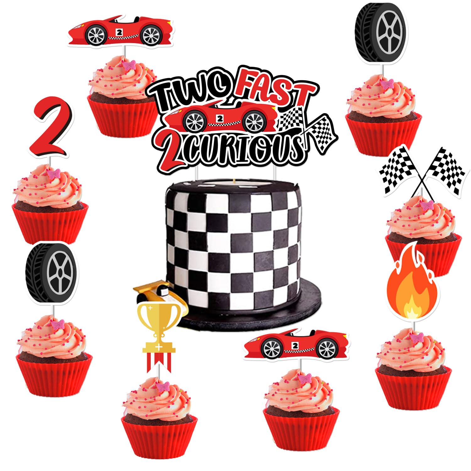 Two Fast Two Curious Geburtstagsdeko – 25-teilig, Kuchen-Topper Mit Vintage-Rennwagen Für 2. Geburtstag Jungen