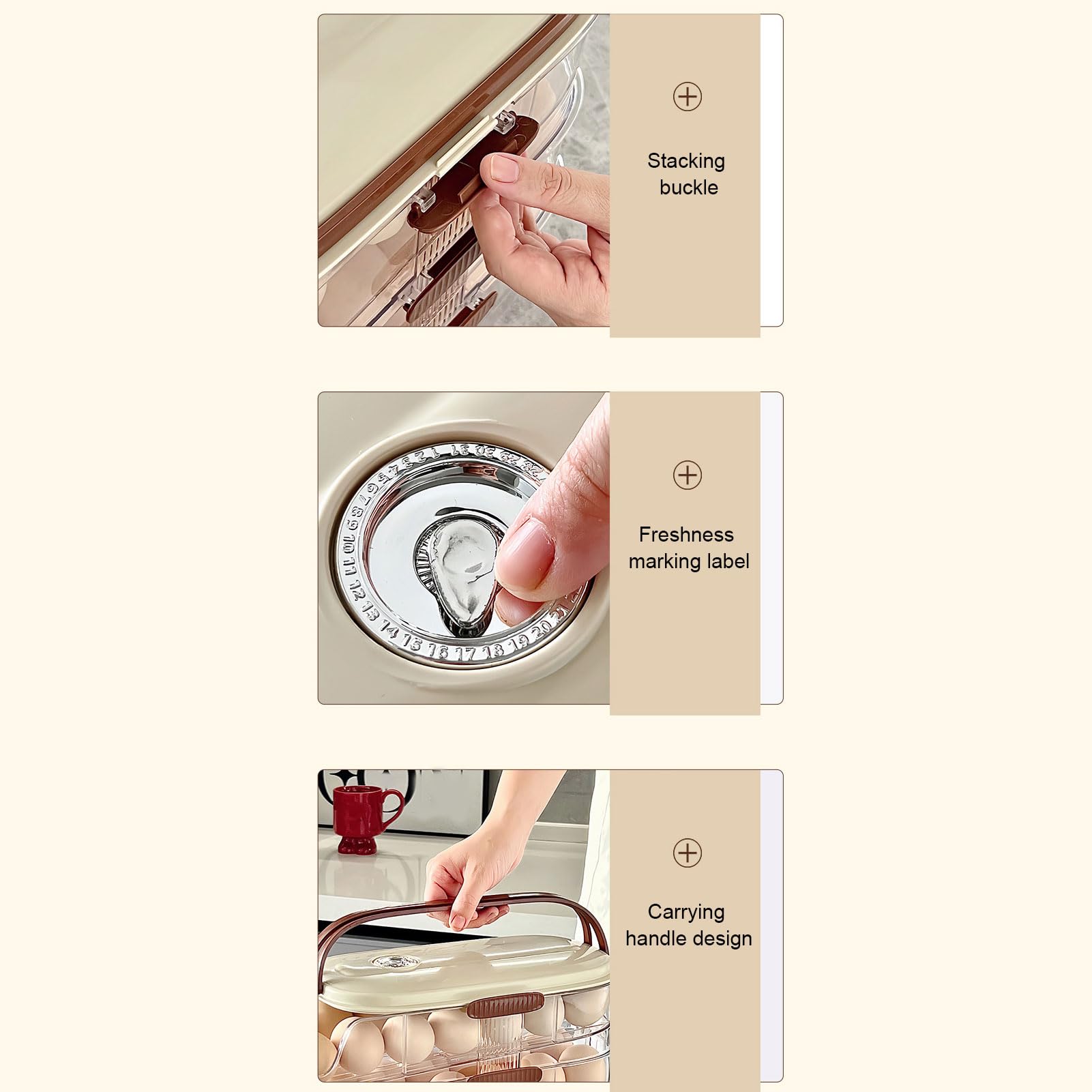 Cocoarm 3-lagige Eier-Aufbewahrungsbox, Rollender Eierhalter aus PET PP mit Deckel, Automatisches Vorwärtsrollen, Transparentes Tablett, Verdeckter Griff, Kühlschrank-Eier-Organizer für K (Zweireihig)