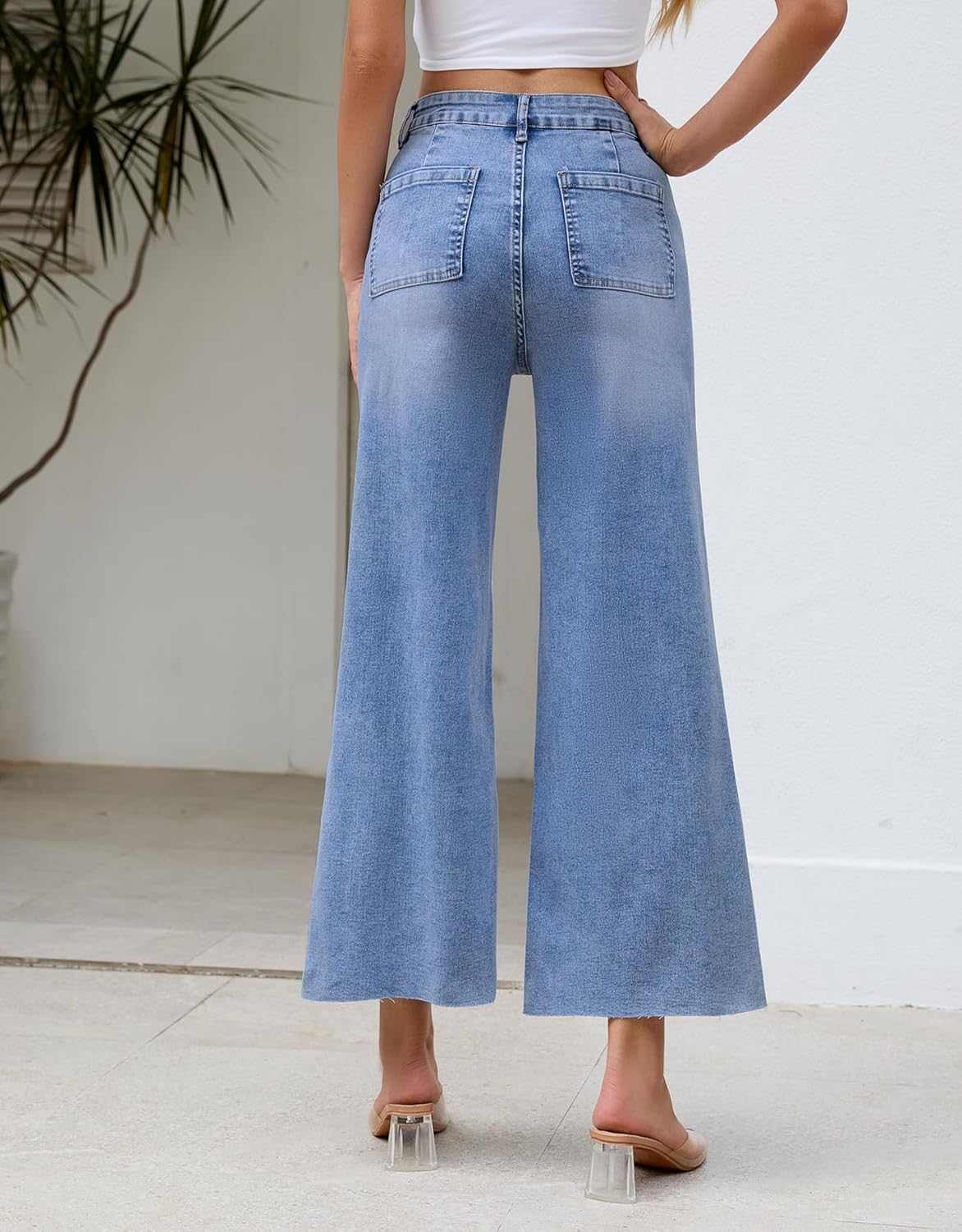 Kedera Womens Wide Leg Pearl Jeans High Waisted Cropped Denim Pants Casual Embellished Jeans with Raw Hem - Image 6