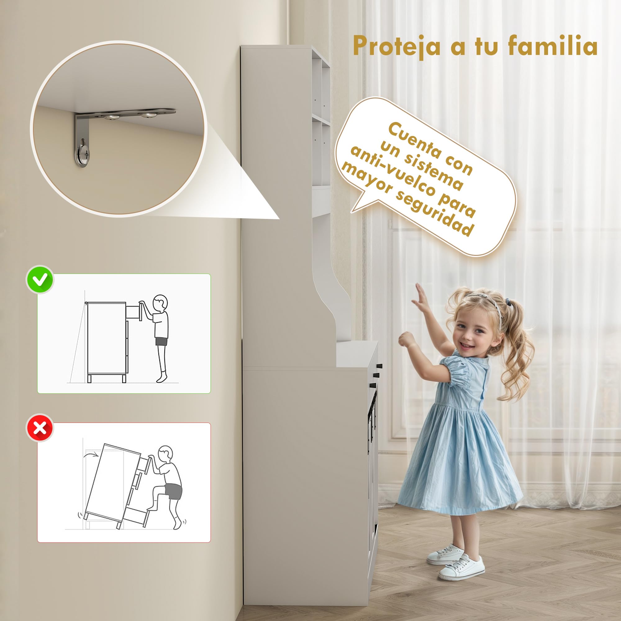 HOMCOM Alacena de Cocina Mueble Auxiliar con Encimera para Microondas, 2 Puertas Corredizas y 3 Cajones, Estantes Regulables, Estilo Granja, 93,5x40x180 cm Blanco