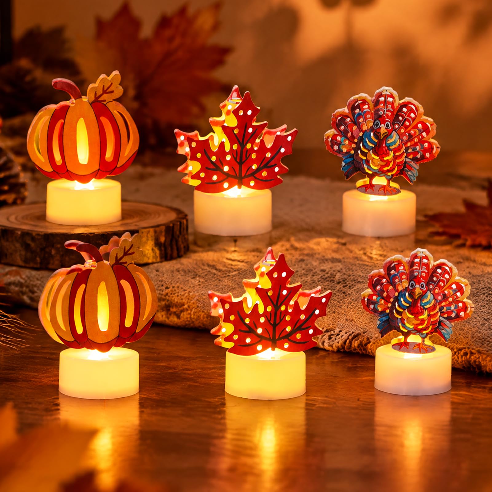 Thanksgiving LED Tea Lights Candles for Fall Home Decor, 6 Pcs Classic