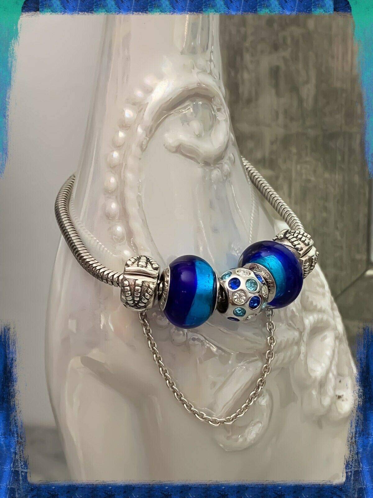 Bracciale Charms Colore Blu in Vetro di Murano Autentico & Argento 925 Rodiato, 18 cm, Argento sterling Vetro Argento