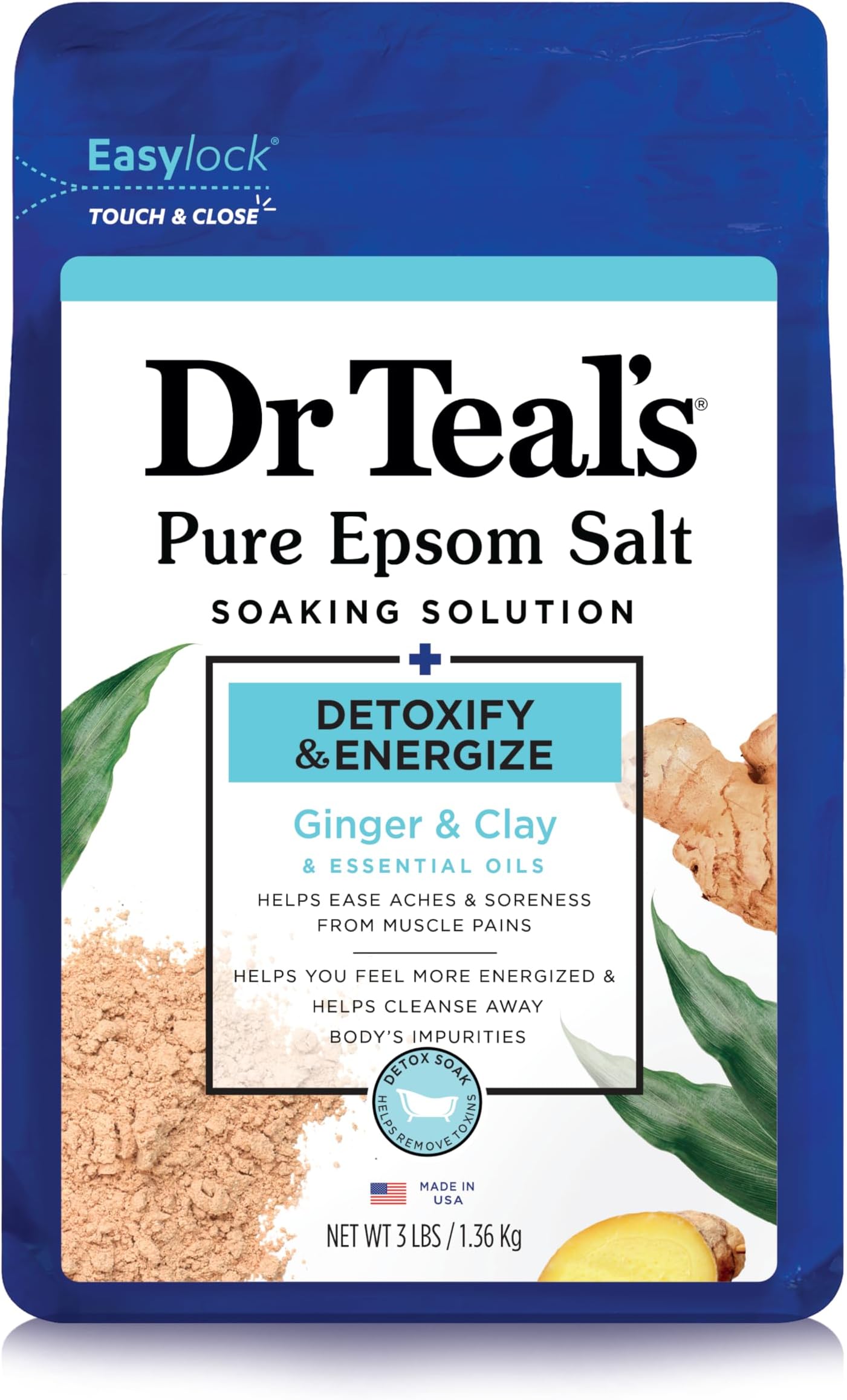 Dr Teal'sEpsom Salt Soaking Solution, Detoxify & Energize, Ginger & Clay, 3lbs