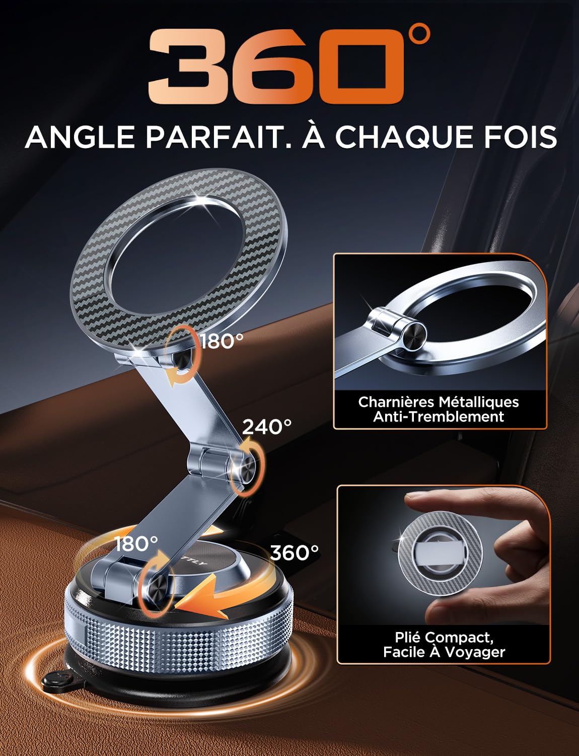 MSXTTLY Support Téléphone Voiture – Vmag S3 Adaptateur Magnets Puissants ＆ Longue en Alliage, Support Téléphone Portable pour iPhone 17 Pro Max, iPhone 16 Pro Max et Android (avec Anneau Magnétique)