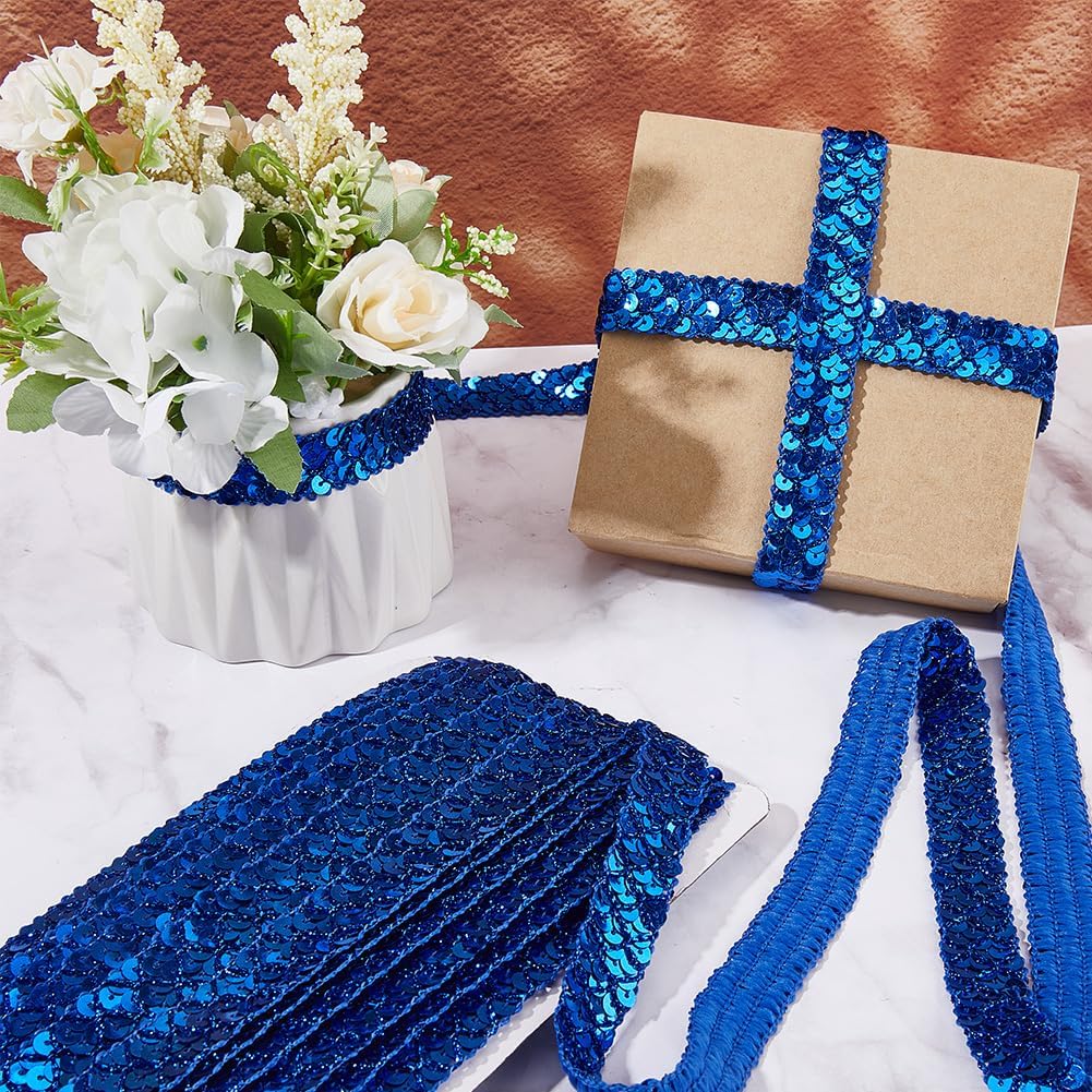 GORGECRAFT Flat Blue Sequin Trim 14.2 Yard Sequin Strip 3 Rows Paillette Roll Paillette Ribbon Trim Metallic Sequins Roll for Dress Embroidery Jewelry Making Embellish Headband Sewing Crafts