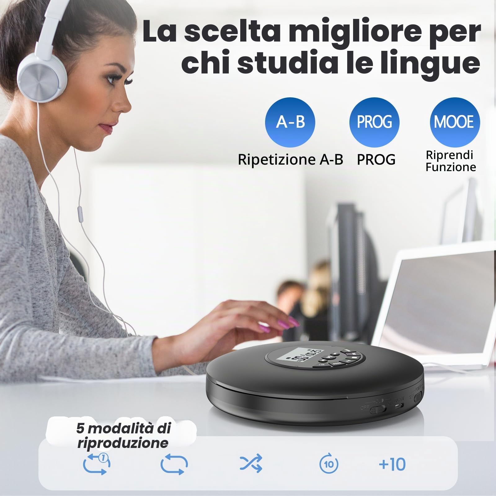 Arafuna Lettore CD portatile Compact Discman Personal Music Player Anti-Skip Protection Tracce programmabili Auricolari inclusi