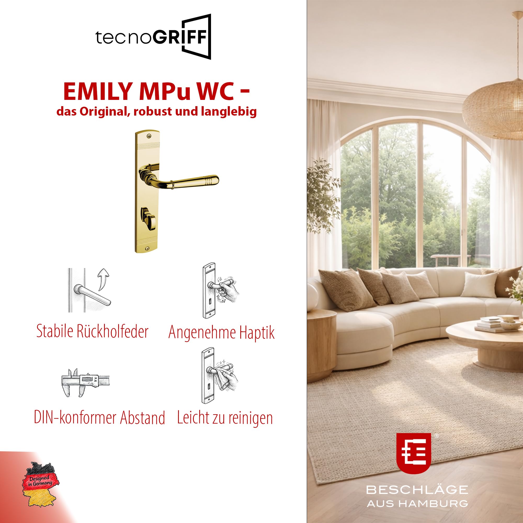 Beschläge Hamburg | Türgriff Türbeschlag | EMILY ART 70-09 MPu WC | Türklinke mit Bad Verriegelung Langschild 45x235 mm für Zimmertüren | Drückergarnitur/Türdrücker für Innentür | in messingfarben
