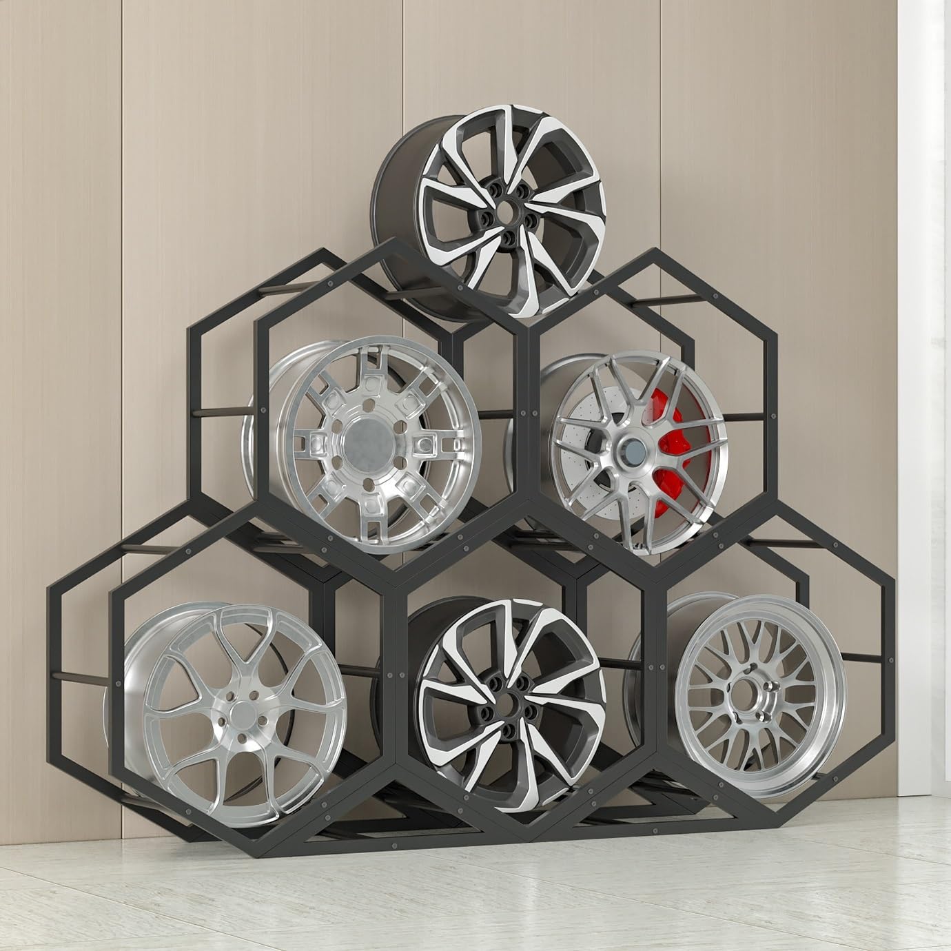 CGCSYZ Rims Tire Rack for Garage, Hexagon Display Rack, Steel Spare Tyre Organizer, Wheel Organizer Holder (D)