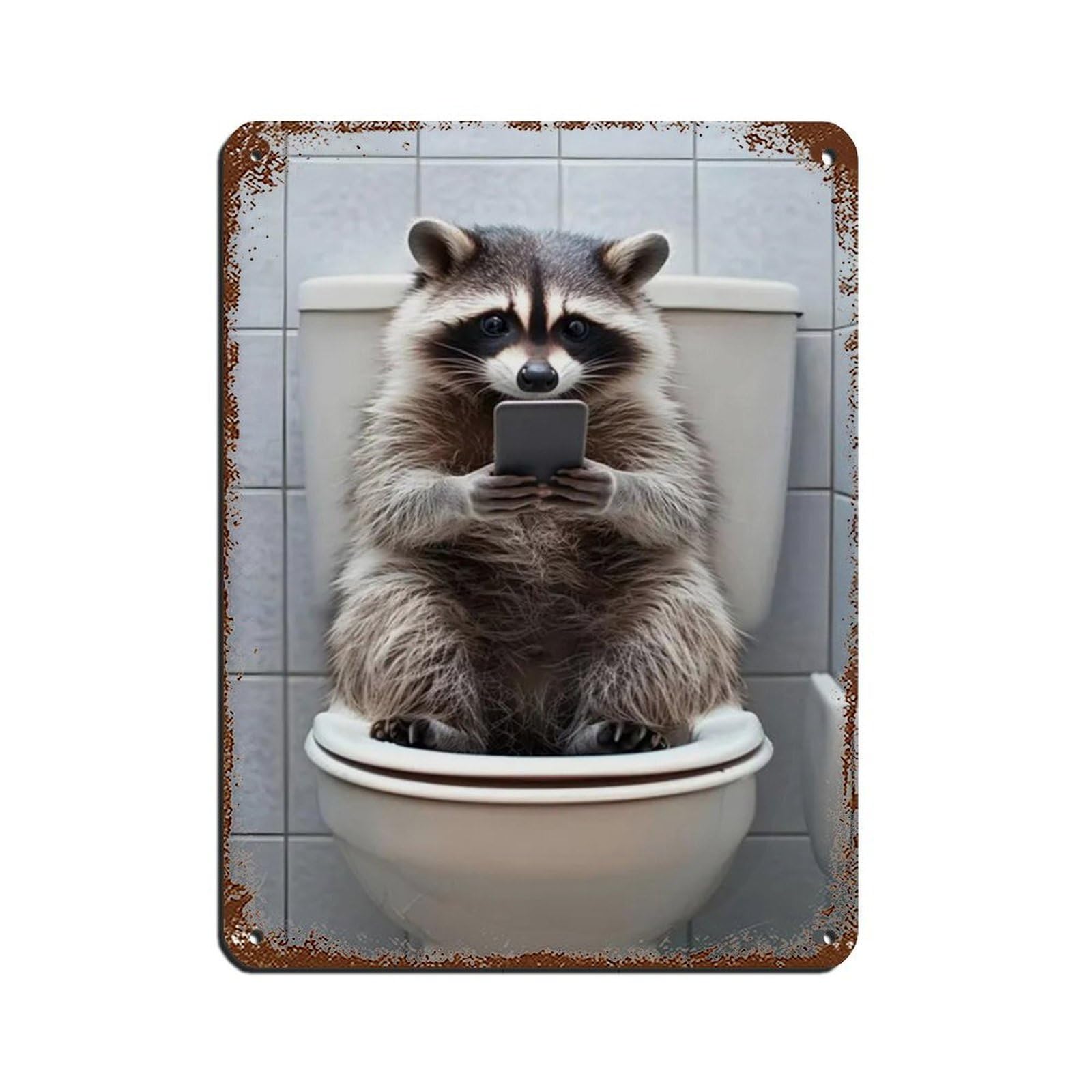 Raccoon Sitting on The Toilet Watching Phone Retro Poster Metal Tin Sign Chic Art Retro Iron Painting Bar People Cave Cafe Family Garage Poster Wall Decoration 12x16inch(30x40cm)