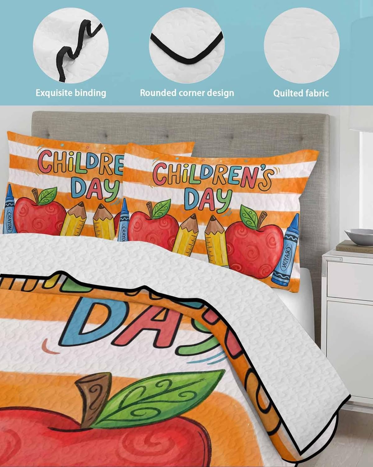 Quilt King Size Bedding Set, Children's Day Lightweight Summer Quilt 3 Pieces Bedding Sets, Cartoon Pencil Watercolor Orange Striped Reversible Soft Bedspreads Coverlets with 2 Pillow Shams
