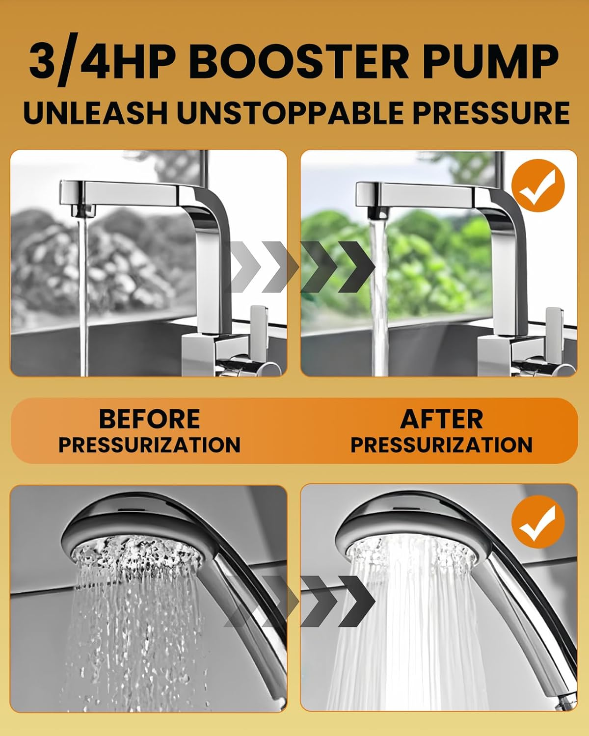 3/4 HP Shallow Well Booster Pump with Pressure Tank 1050GPH Auto ON/OFF Water Pressure Booster Self-Priming Stainless Steel Automatic Booster System for Whole House, Garden, Lawn
