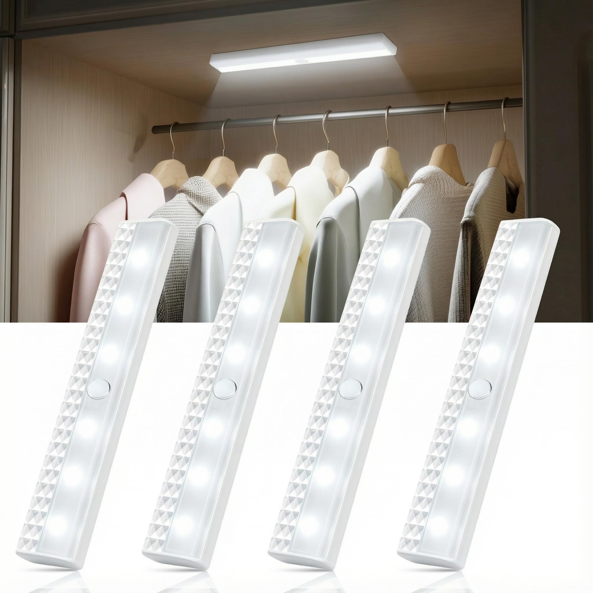 Rinfency Kleiderschrank Beleuchtung Kabellos mit Sensor - kaltes Weiß Kleiderschrank Licht mit Bewegungsmelder, Vitrinenbeleuchtung LED mit Bewegungsmelder Innen, Akku Lampe Treppenbeleuchtung 4PCS