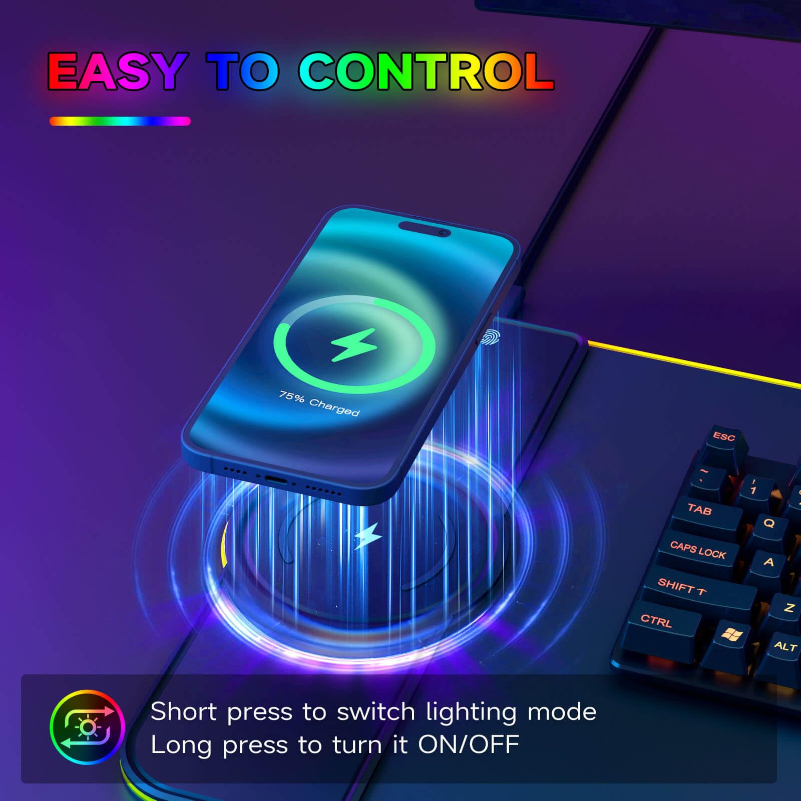 Hcman Tappetino per mouse da gioco RGB con ricarica – Tappetino per mouse wireless da 15 W LED extra large 80 x 30 cm, 10 modalità di illuminazione, accessori per sala da gioco, tappetino per tastiera