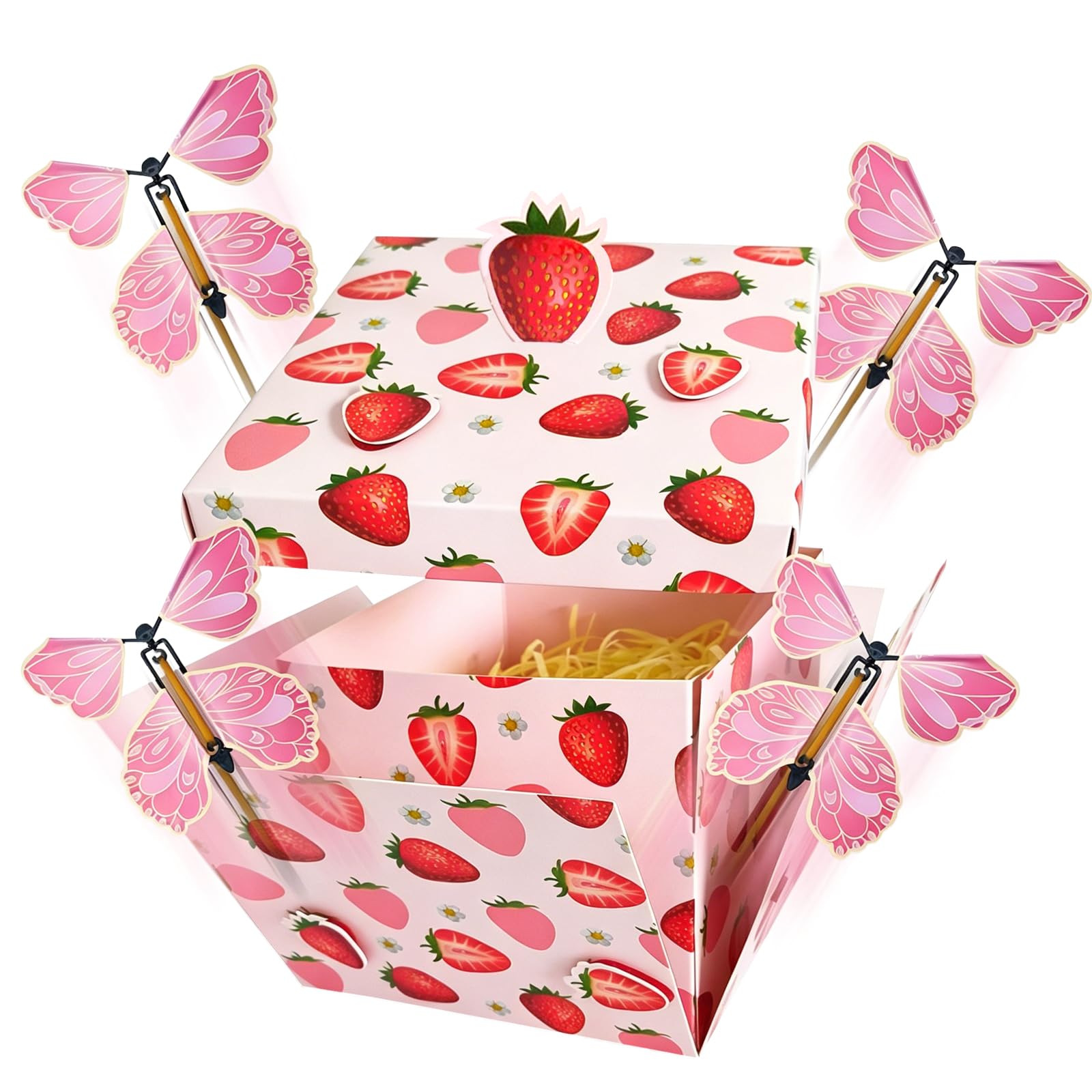 Butterfly Explosion Gift Box Flying Butterfly Surprise Box with 4 Flying Butterflies strawberry appearance Creative DIY Pop Up Gifts Boxes for Mothers day Valentines Birthday Anniversary (pink)