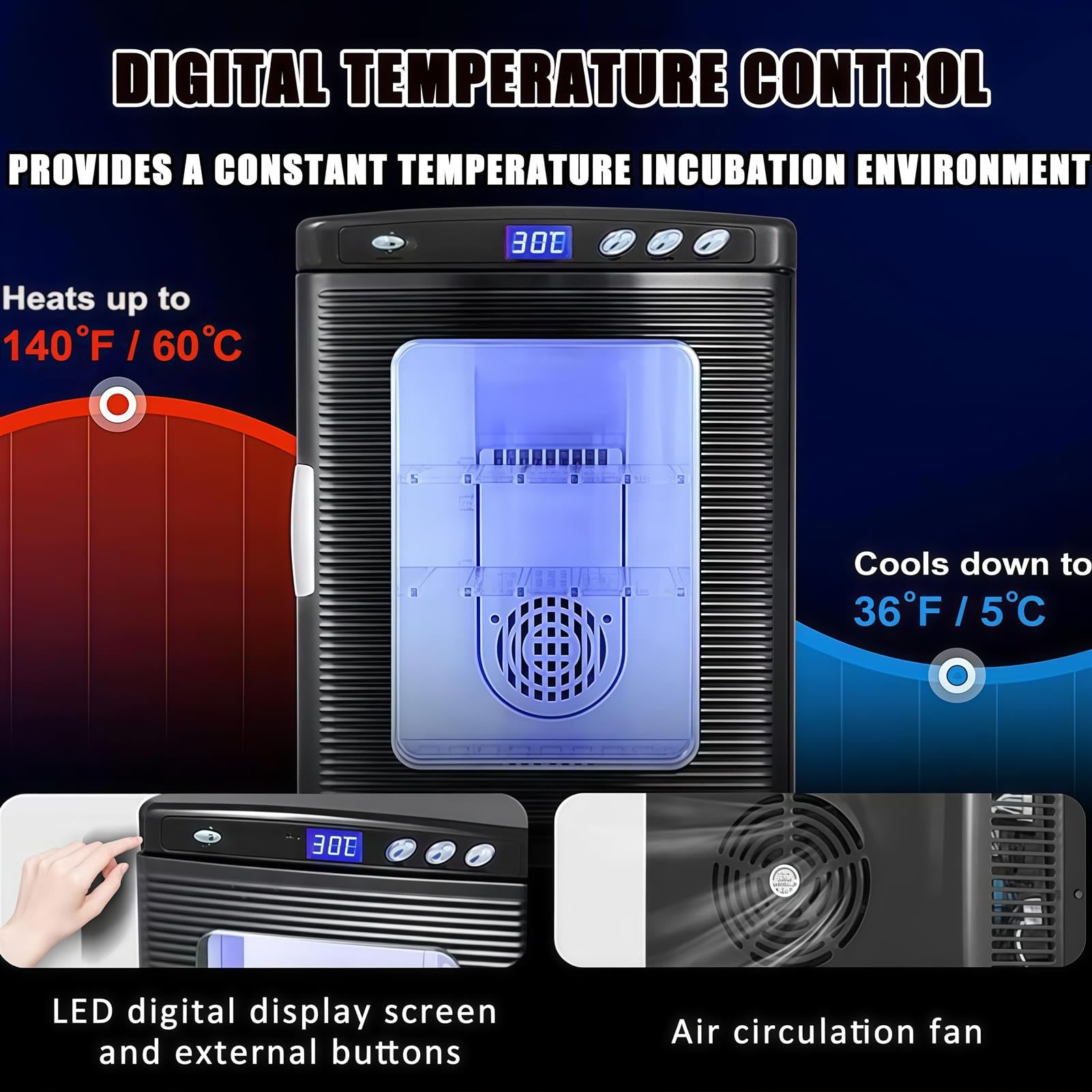 Incubatrice per uova di rettili con controllo digitale, raffreddamento e riscaldamento a doppia potenza da 25 l, 10-60 °C, incubatrice portatile per laboratorio scientifico per casa, laboratorio e