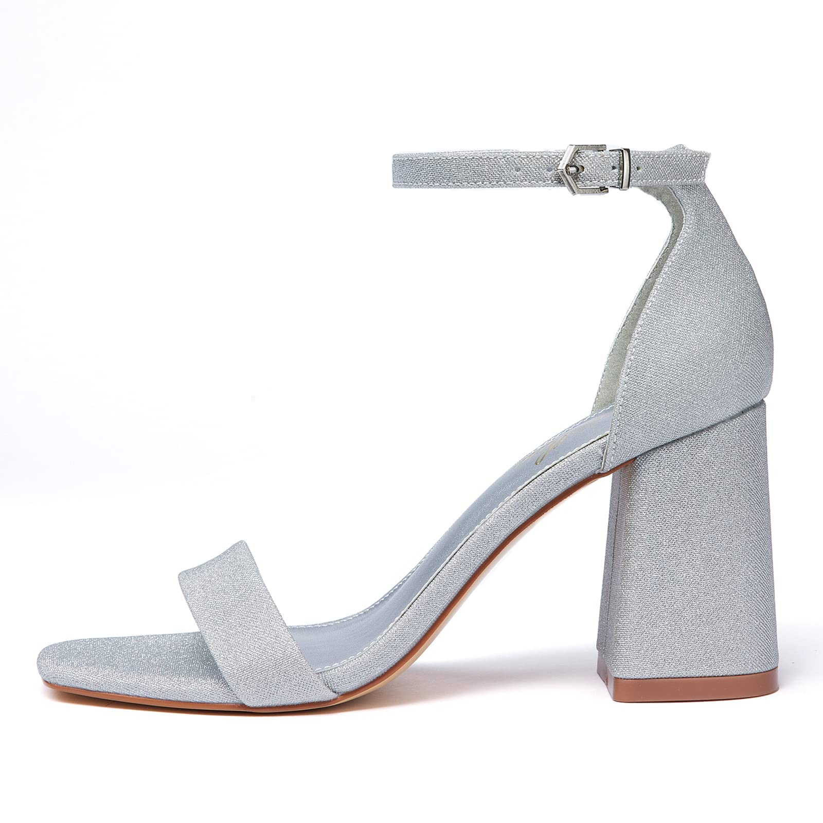 GENSHUO Glitter Chunky Heel Sandals for Women 8CM/3.15 Inches Square Open Toe Block Sandals Elegant Sparkly Ankle Strap Heeled Sandal Shoes Silver Size UK 6