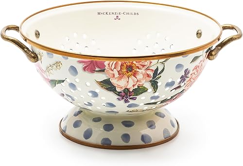 MACKENZIE-CHILDS Colador de esmalte de flores silvestres azules, colador de cocina decorativo grande, utensilios de cocina esmaltados lindos