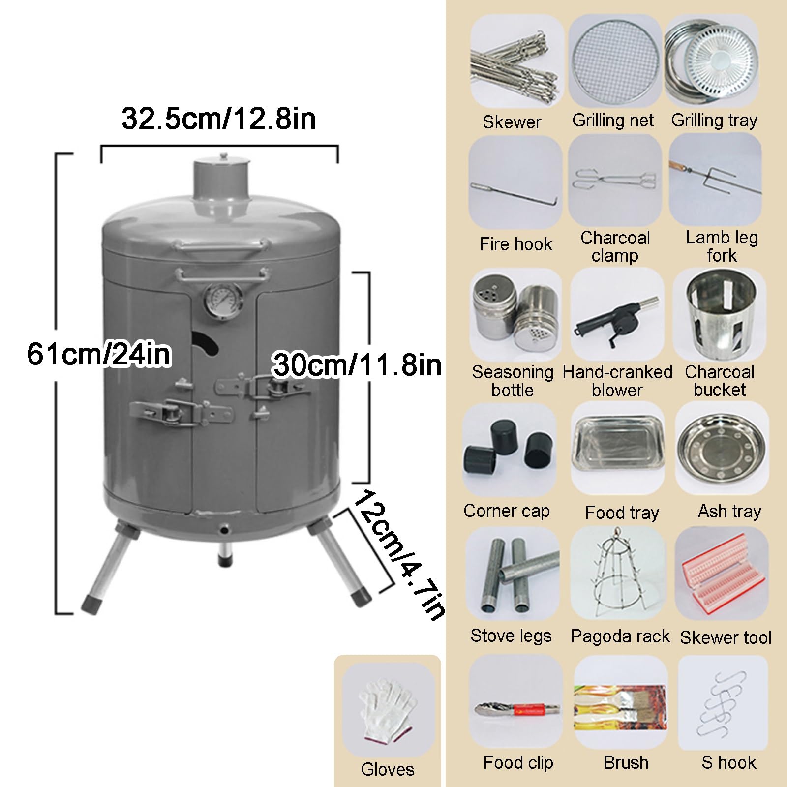 Barbecue a Carbonella 3 in 1 Resistente, Affumicatore, Fornello Sospeso Senza Fumo, Set Barbecue per Picnic All'aperto(Gray)