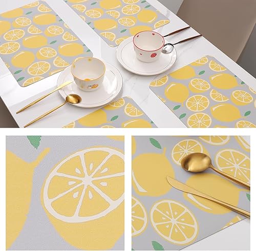 Miniatura 6 de Juego de 4 manteles individuales de cuero lavable, antideslizantes y resistentes al calor, patrones de limón adecuados para decoración de mesa,