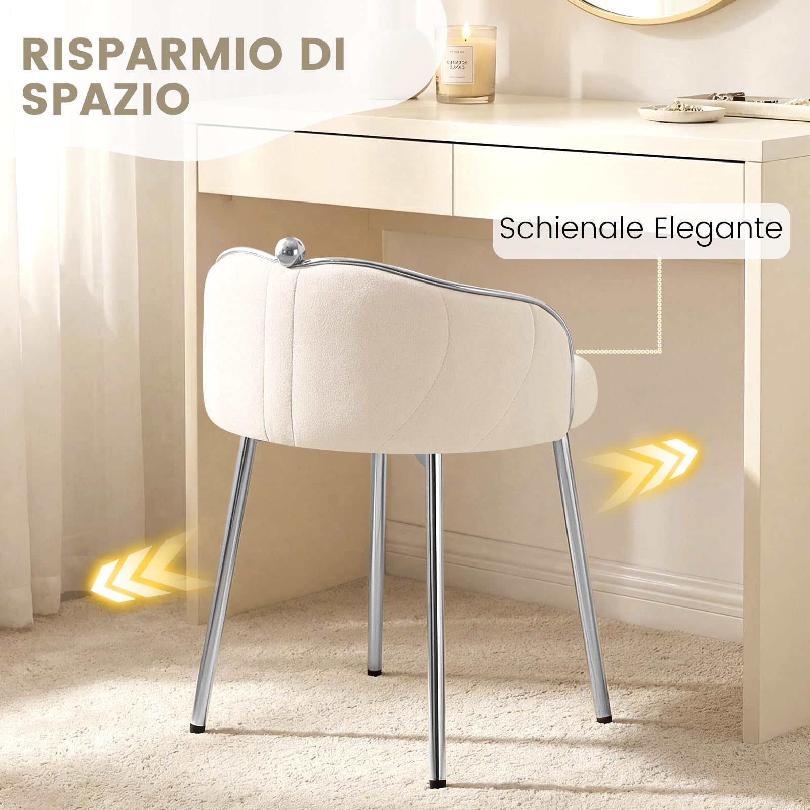 Hellove Sedia Trucco Girevole 360° in Velluto con Piedini Argento, Sgabello per Toeletta Trucco Rotondo, Pouf Poggiapiedi Pivotante con Schienale Curvo e Seduta Imbottita, Sgabelli per Camera, Beige
