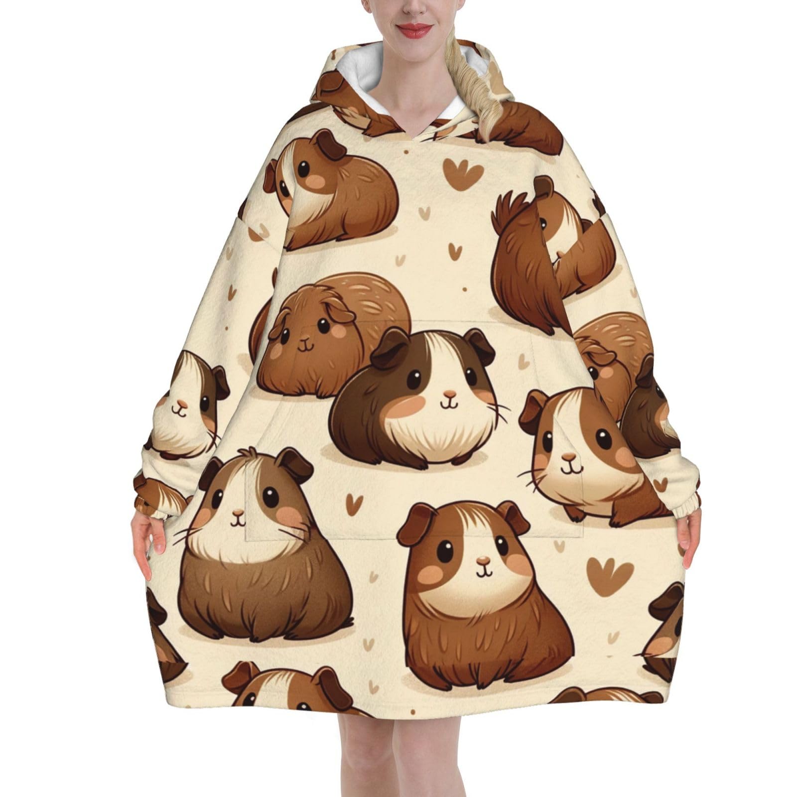 Oversized Flannel Wearable Blanket Hoodie For Adult Lovely-Guinea-Pig Soft Fuzzy Hooded Lounging Pullover