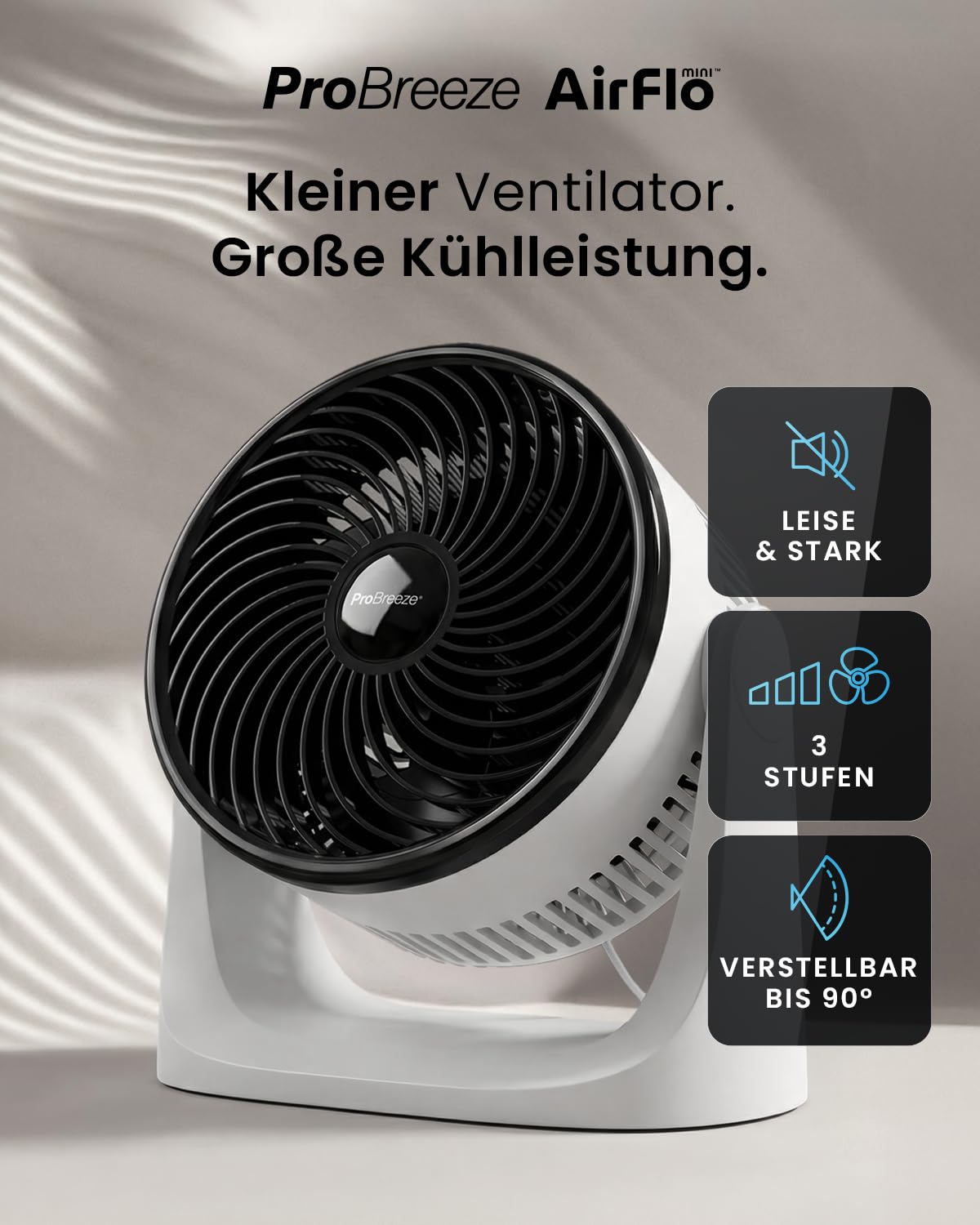 Pro Breeze AirFlo Mini Tischventilator – Leiser Turbo Ventilator 3 Stufen 90° Neigung 4,2 m/s kompakt